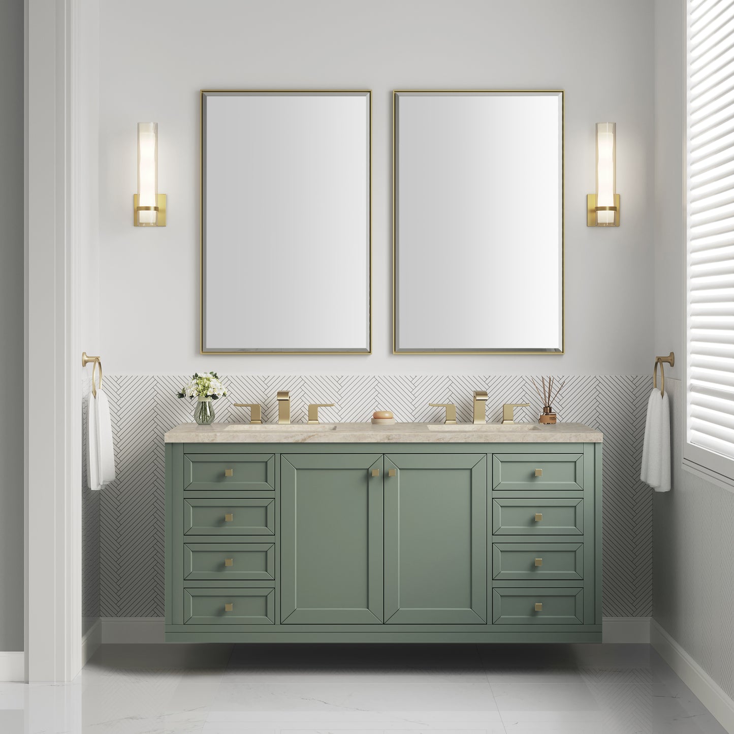 Renovate for Less Atlanta Chicago 60" Double Vanity, Smokey Celadon, w/ 3 CM Tajnar Eclos Top w/FreePower Wireless Charger