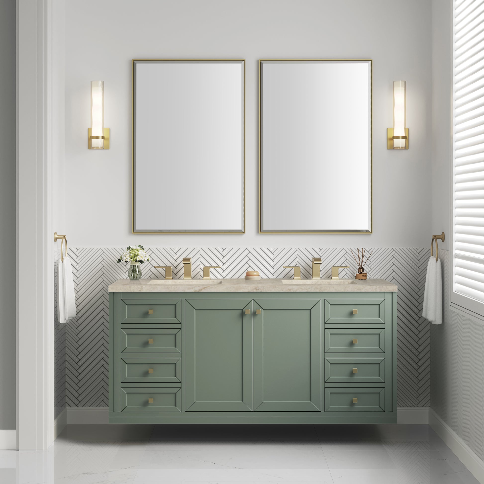 Renovate for Less Atlanta Chicago 60" Double Vanity, Smokey Celadon, w/ 3 CM Tajnar Eclos Top w/FreePower Wireless Charger