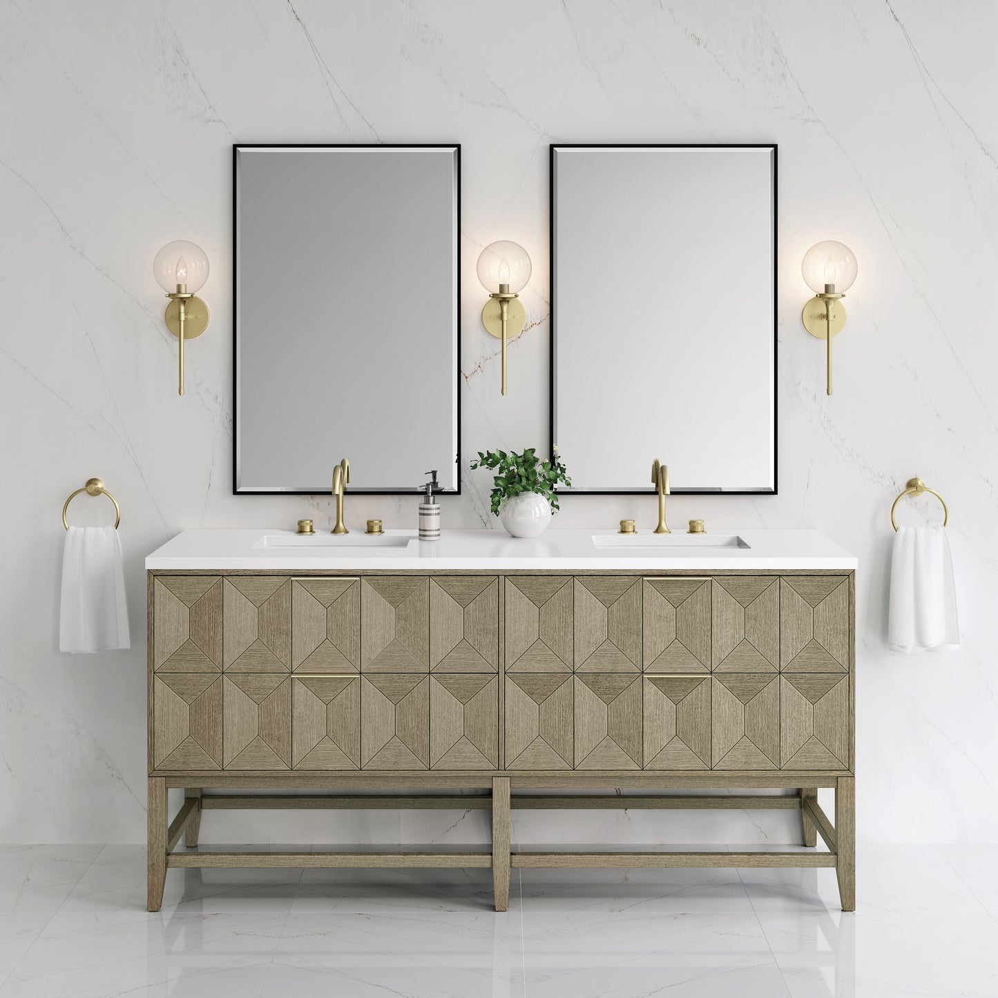 Renovate for Less Atlanta Emmeline 72" Double Vanity, Pebble Oak w/ 3 CM White Zeus Top