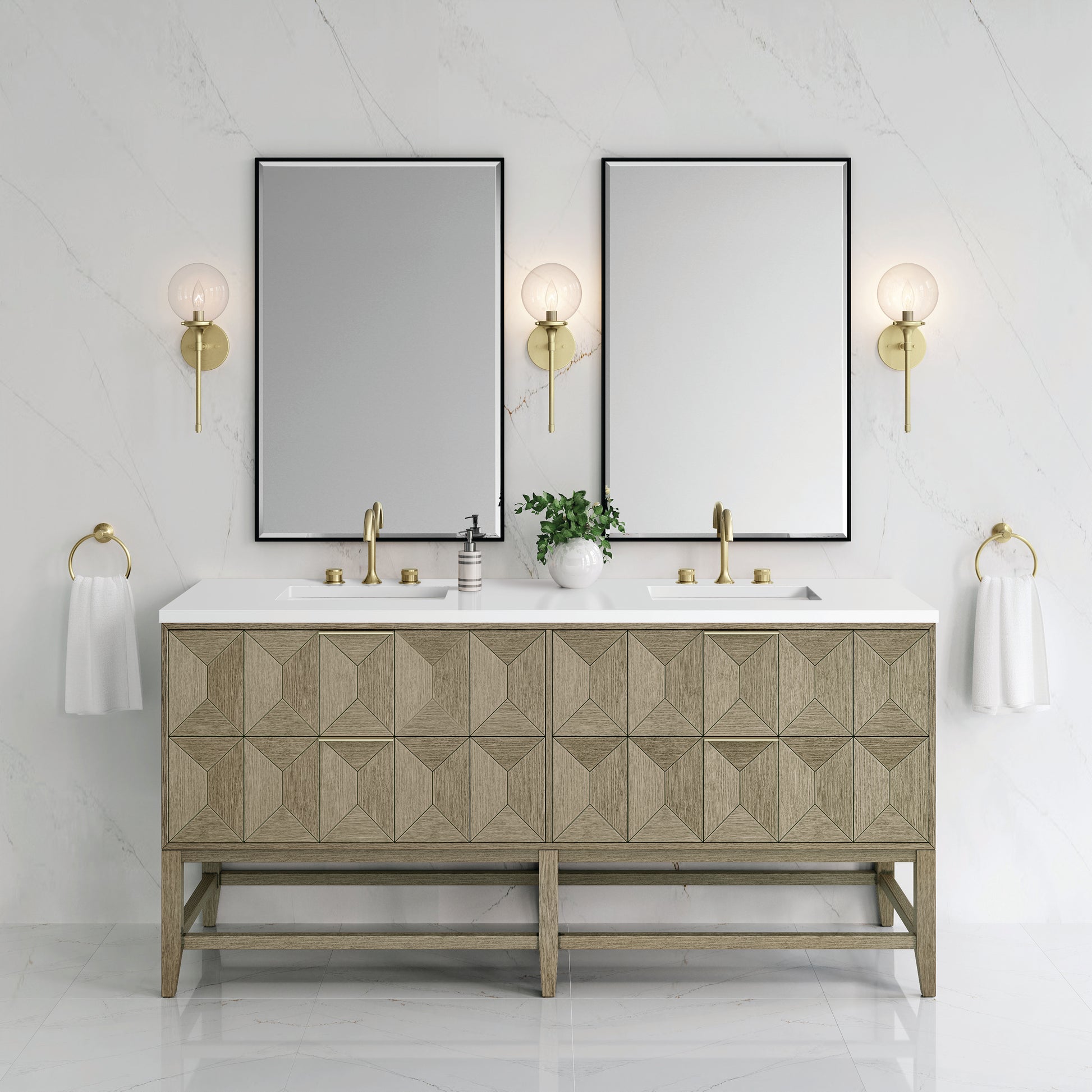 Renovate for Less Atlanta Emmeline 72" Double Vanity, Pebble Oak w/ 3 CM White Zeus Top