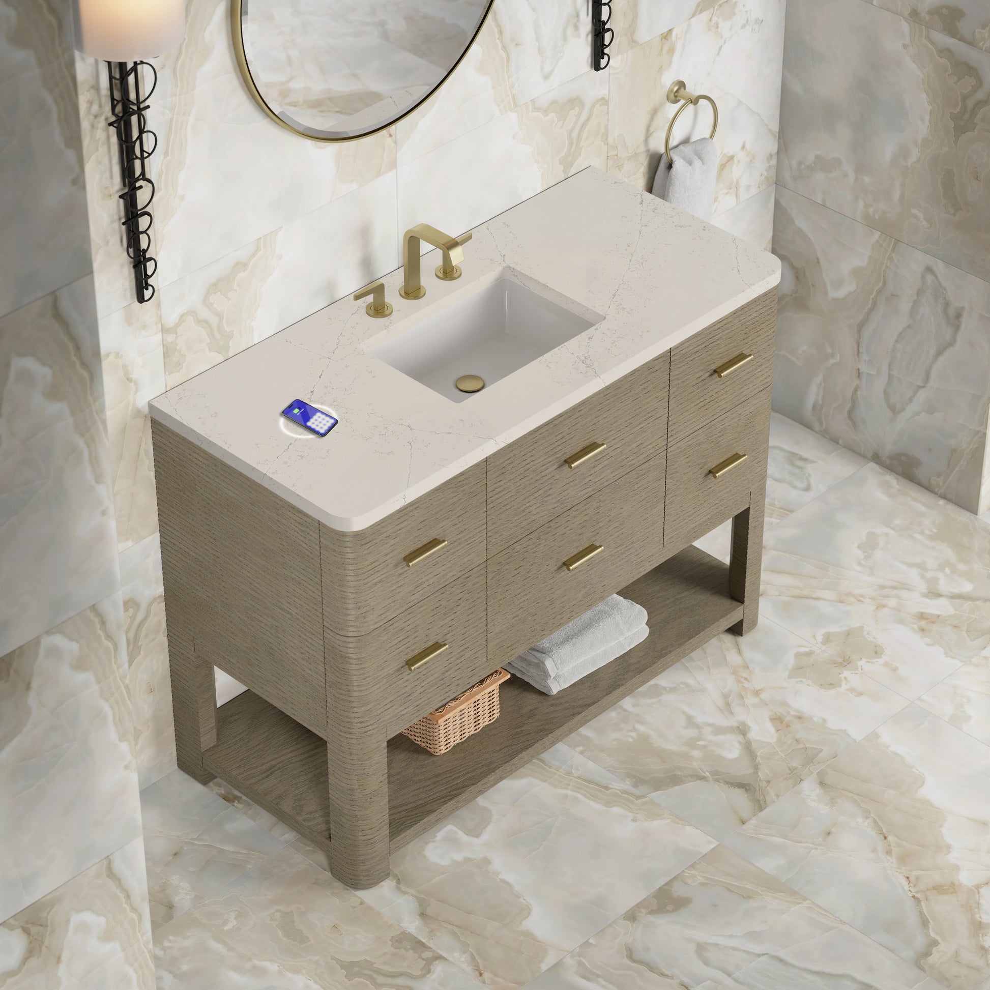 Renovate for Less Atlanta Lucian 48" Single Vanity, Pebble Oak, w/ 3 CM Siberian Silestone Top w/FreePower Wireless Charger