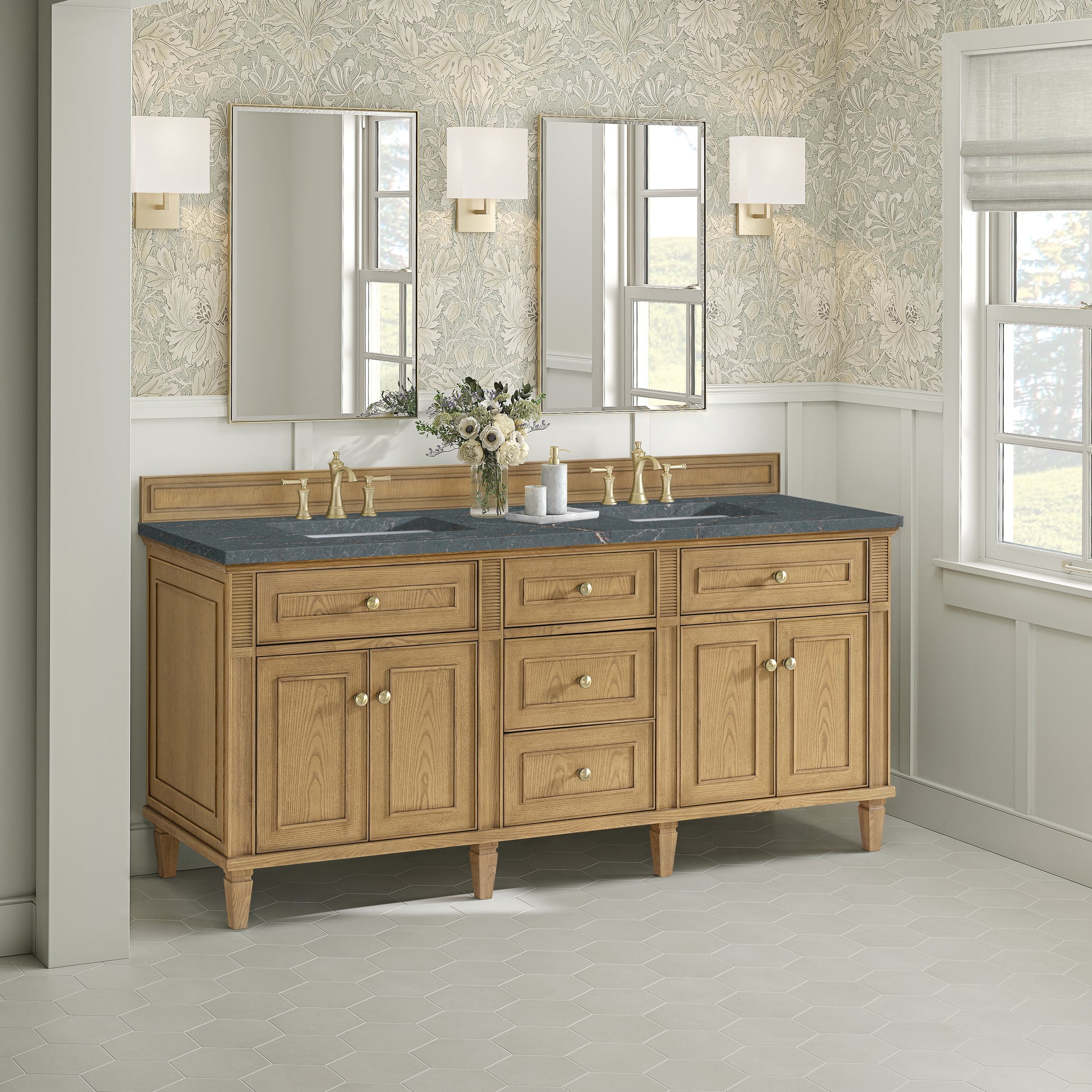 Renovate for Less Atlanta Lorelai 72" Double Vanity, Light Natural Oak w/ 3 CM Parisien Bleu Silestone Top