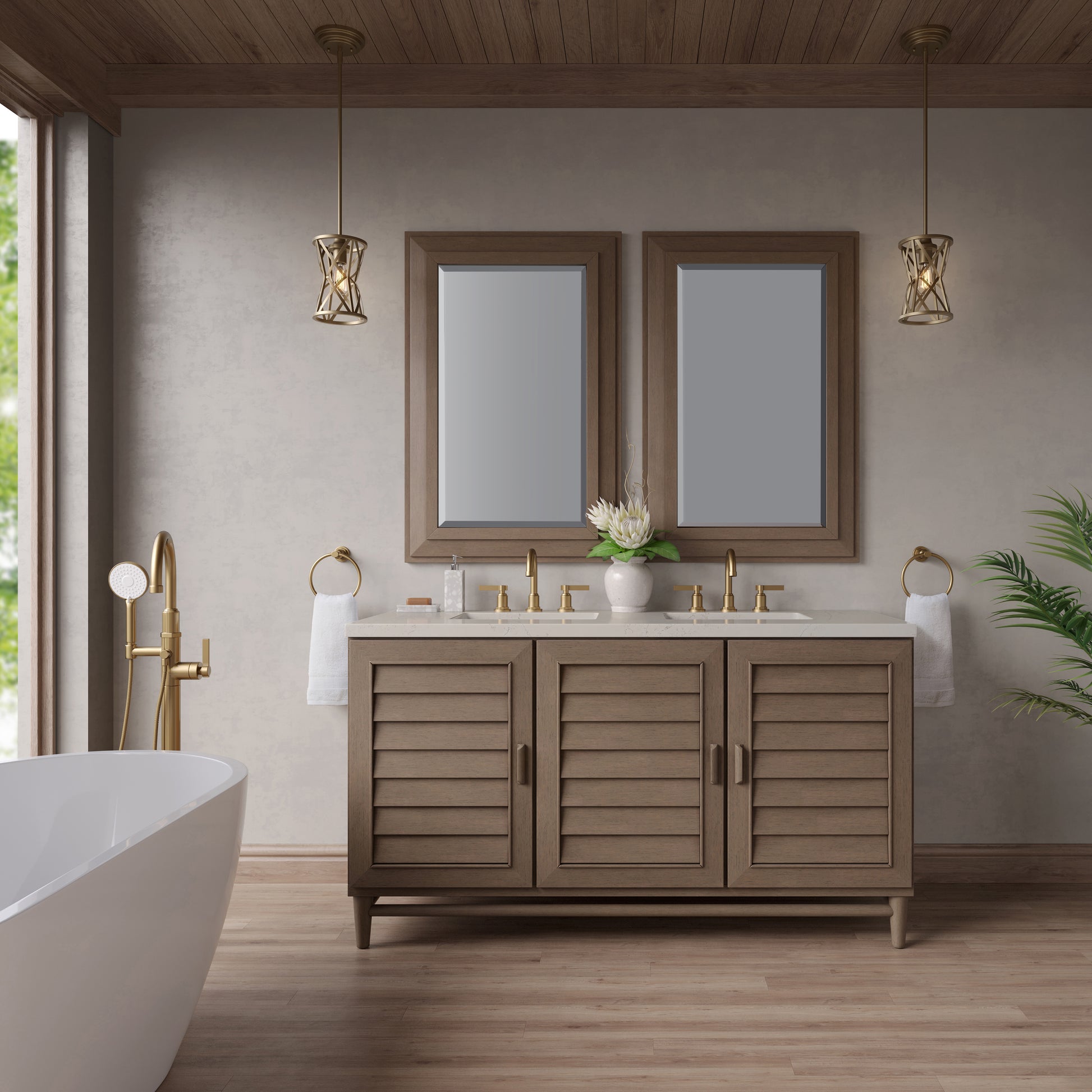 Renovate for Less Atlanta Portland 60" Double Vanity, Whitewashed Walnut, w/ 3 CM Siberian Silestone Top w/FreePower Wireless Charger
