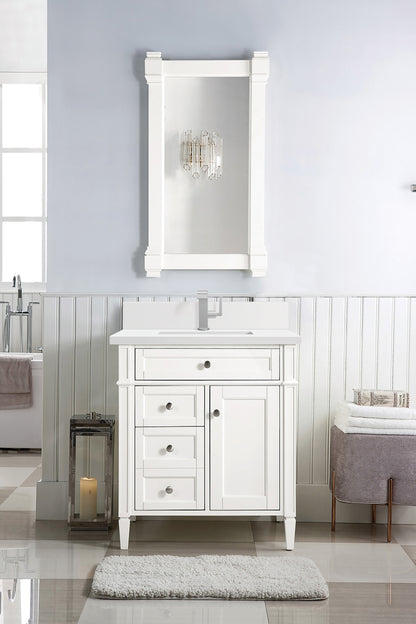 Renovate for Less Atlanta Brittany 30" Single Vanity, Bright White, w/ Single Hole 3 CM White Zeus Silestone Top & Backsplash