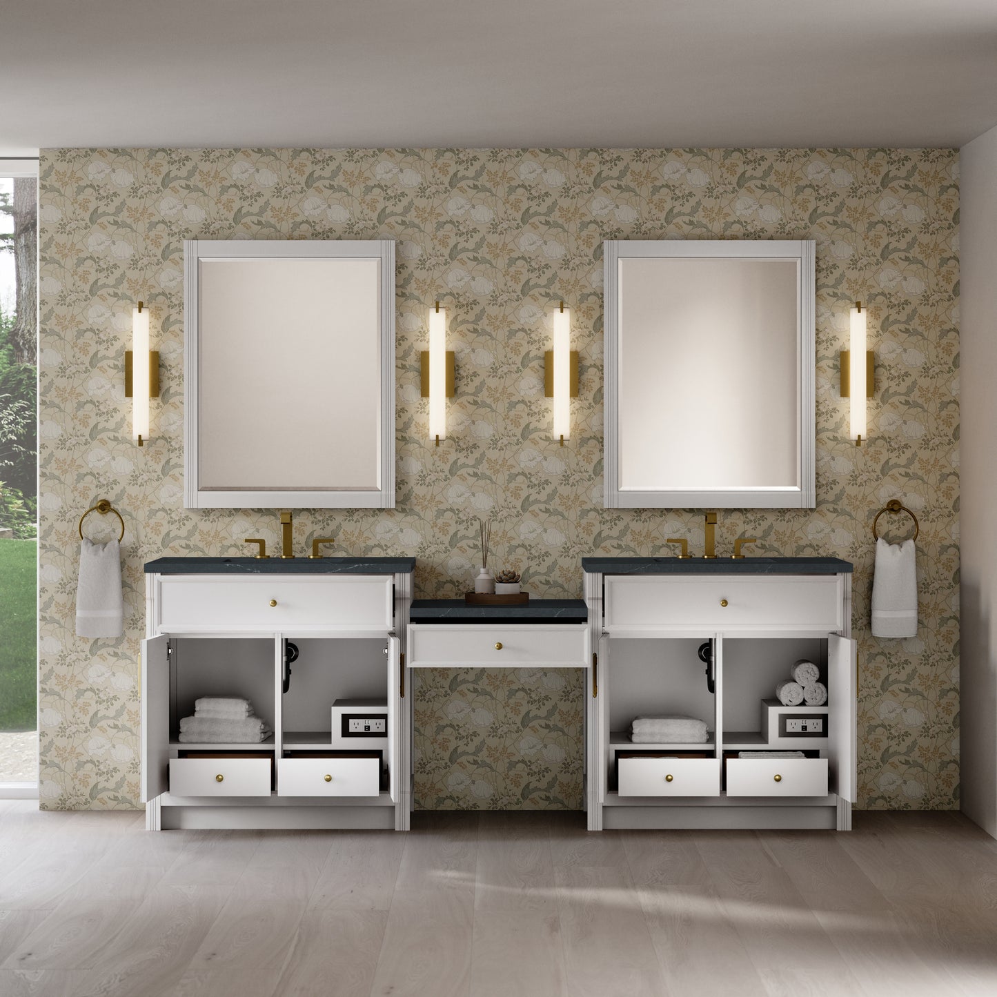 Renovate for Less Atlanta Bellshire 96" Dual Vanity Set with 24" Make-Up Counter, Bright White w/3 cm Charcoal Soapstone Silestone Top
