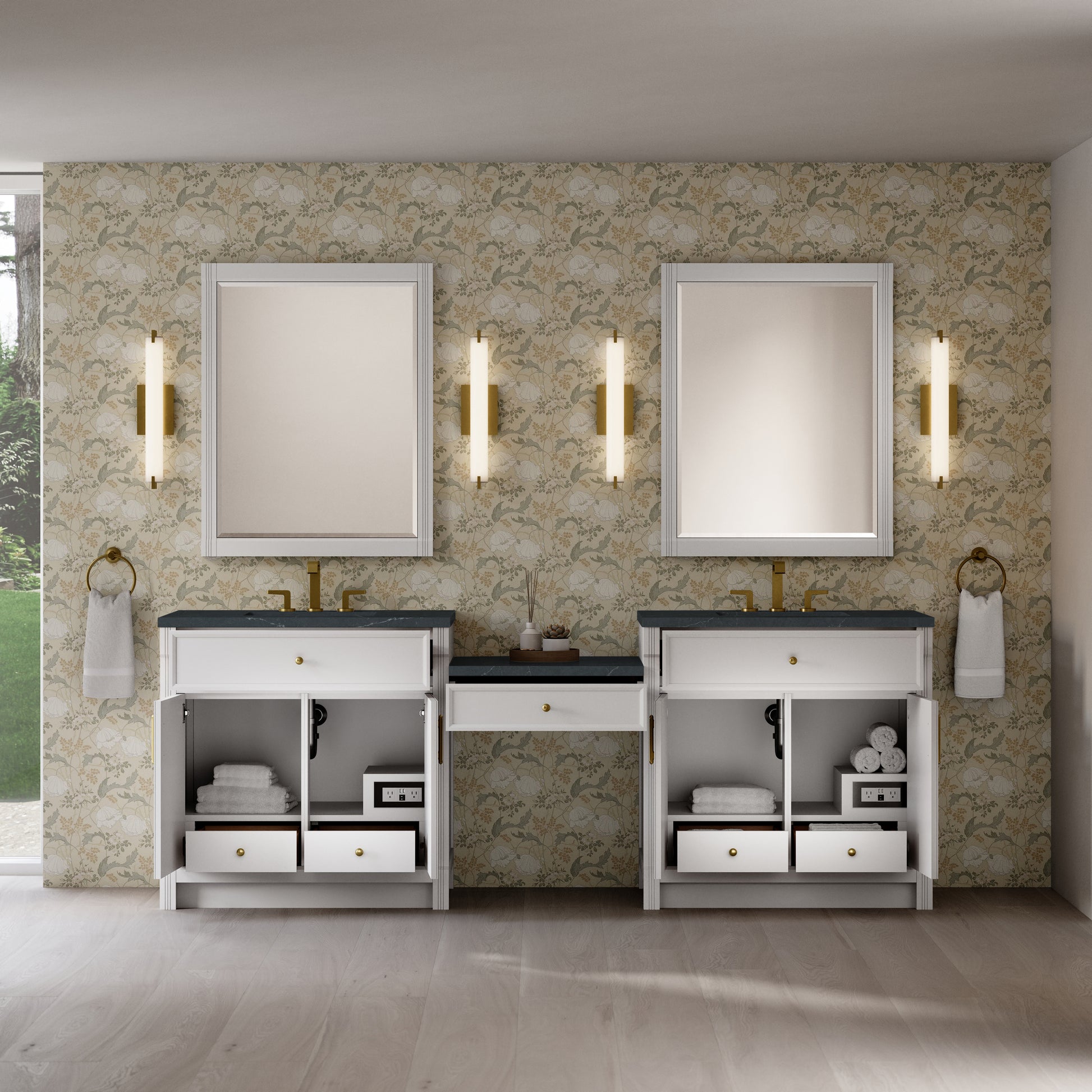 Renovate for Less Atlanta Bellshire 96" Dual Vanity Set with 24" Make-Up Counter, Bright White w/3 cm Charcoal Soapstone Silestone Top