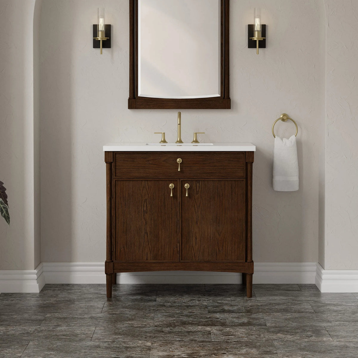 Kinnsden 36" Single Vanity, Sable Oak w/ 3 CM White Zeus Silestone Top