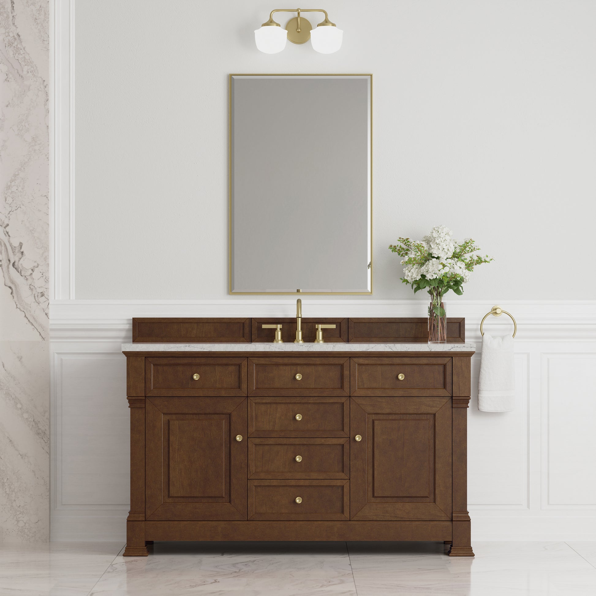 Renovate for Less Atlanta Brookfield 60" Single Vanity, Honey Oak w/3 CM Eternal Jasmine Pearl Silestone Top w/ FreePower Wireless Charger