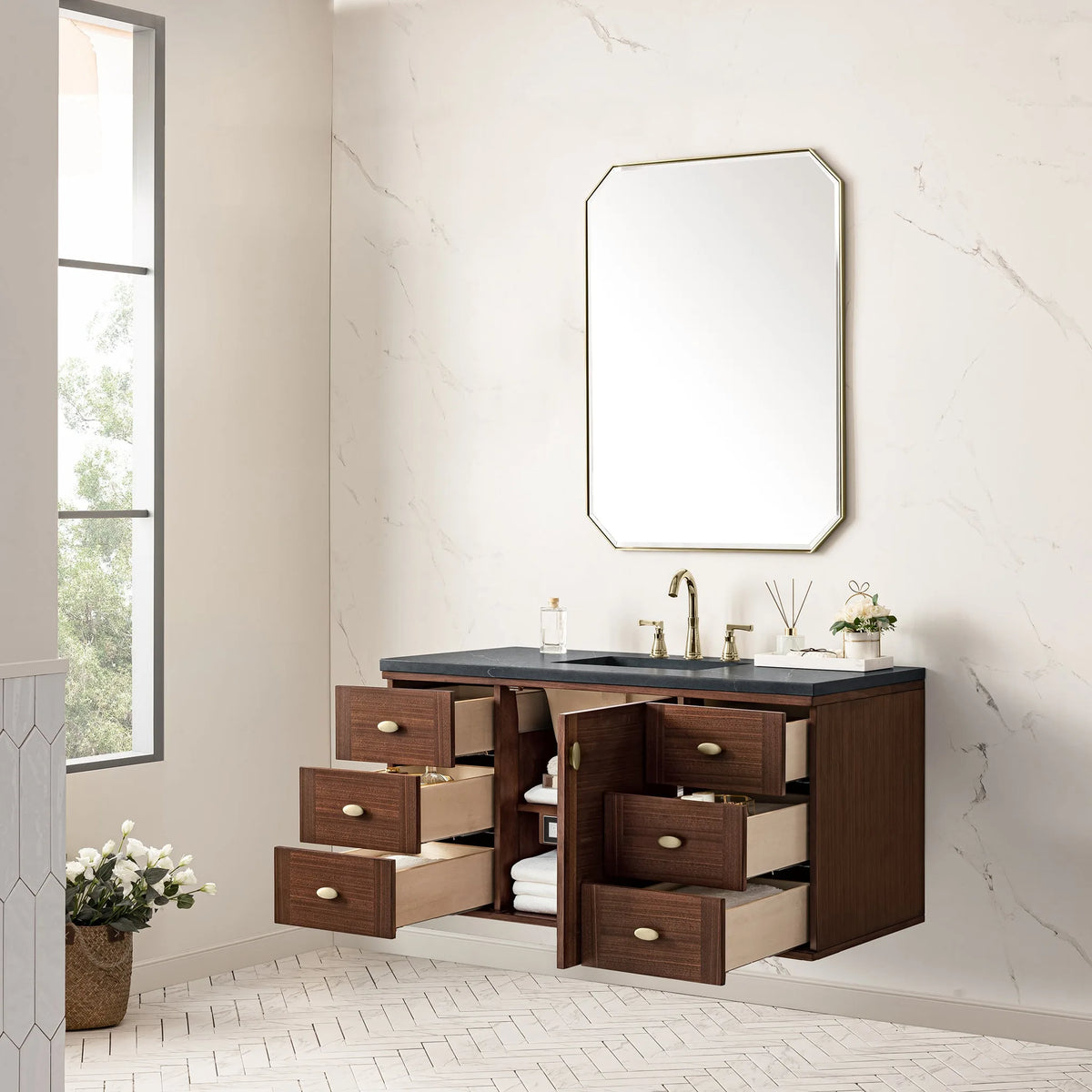 Amberly 48" Single Vanity, Mid-Century Walnut w/ 3 CM Charcoal Soapstone Top