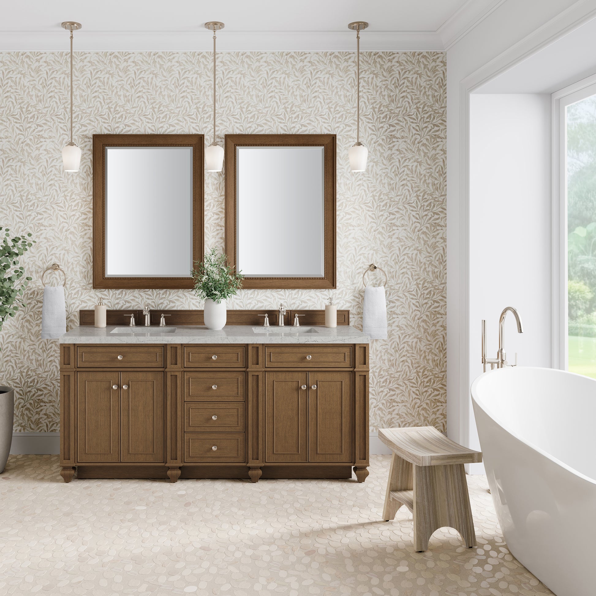 Renovate for Less Atlanta Bristol 72" Double Vanity, Saddle Brown w/ 3 CM Eternal Jasmine Pearl Silestone Top