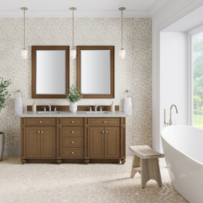 Renovate for Less Atlanta Bristol 72" Double Vanity, Saddle Brown w/ 3 CM Eternal Jasmine Pearl Silestone Top