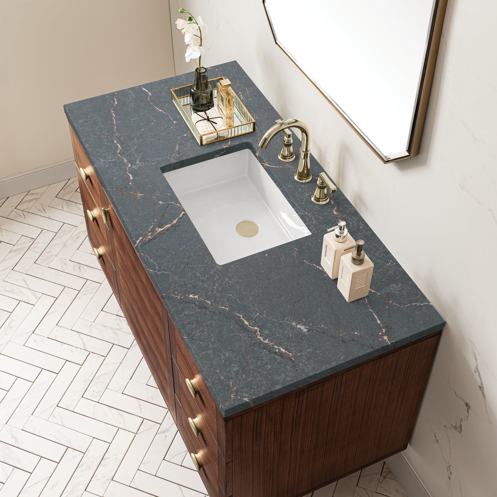 Renovate for Less Atlanta Amberly 48" Single Vanity, Mid-Century Walnut w/ 3 CM Parisien Bleu Top