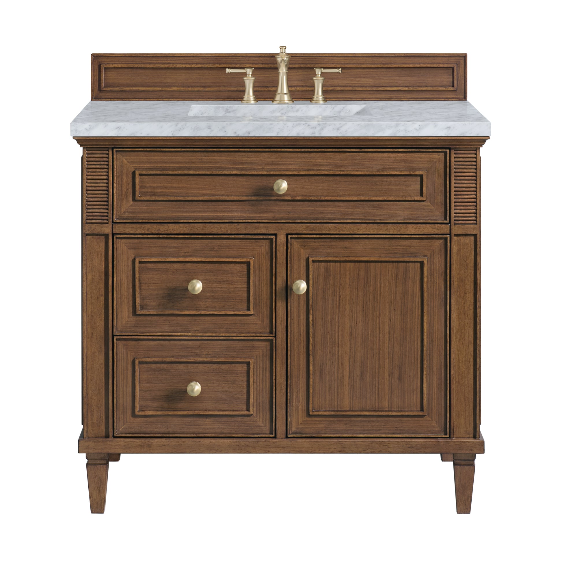 Renovate for Less Atlanta Lorelai 36" Single Vanity, Mid-Century Walnut w/ 3 CM Carrara White Marble Top