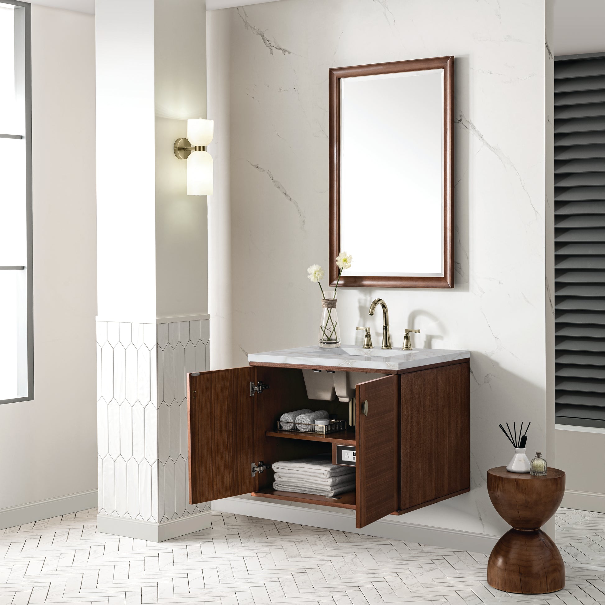 Renovate for Less Atlanta Amberly 30" Single Vanity, Mid-Century Walnut w/ 3 CM Victorian Silver Top