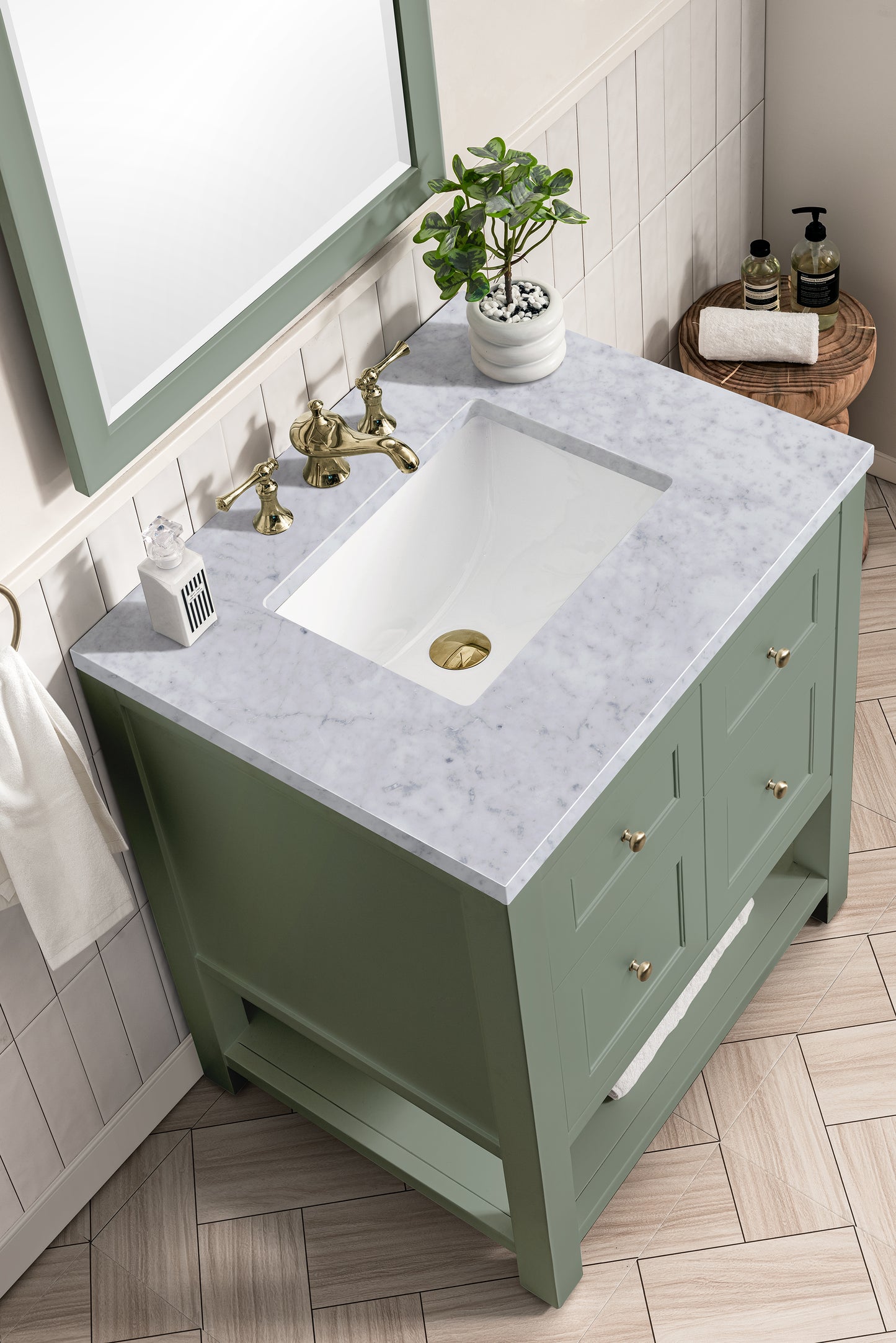 Renovate for Less Atlanta Breckenridge 30" Single Vanity, Smokey Celadon w/ 3 CM Carrara Marble Top