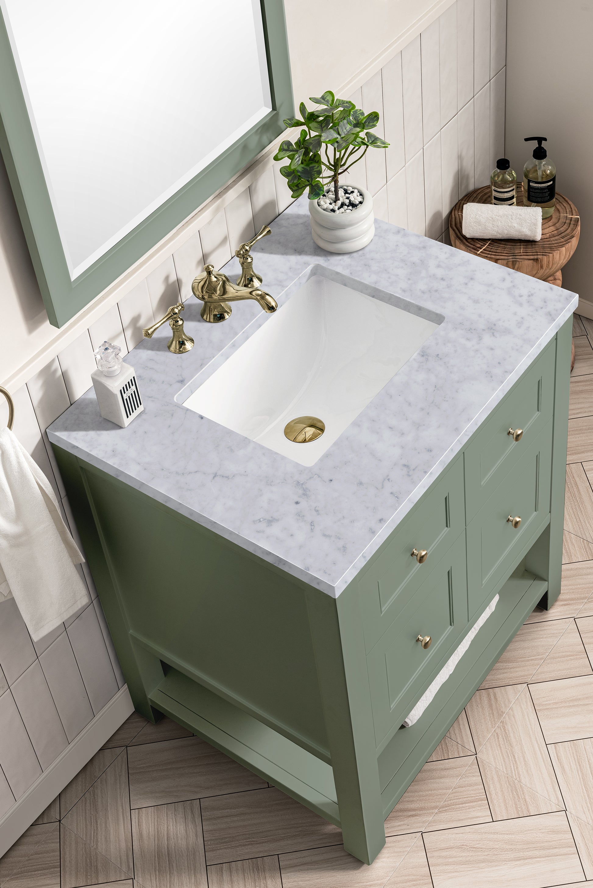 Renovate for Less Atlanta Breckenridge 30" Single Vanity, Smokey Celadon w/ 3 CM Carrara Marble Top