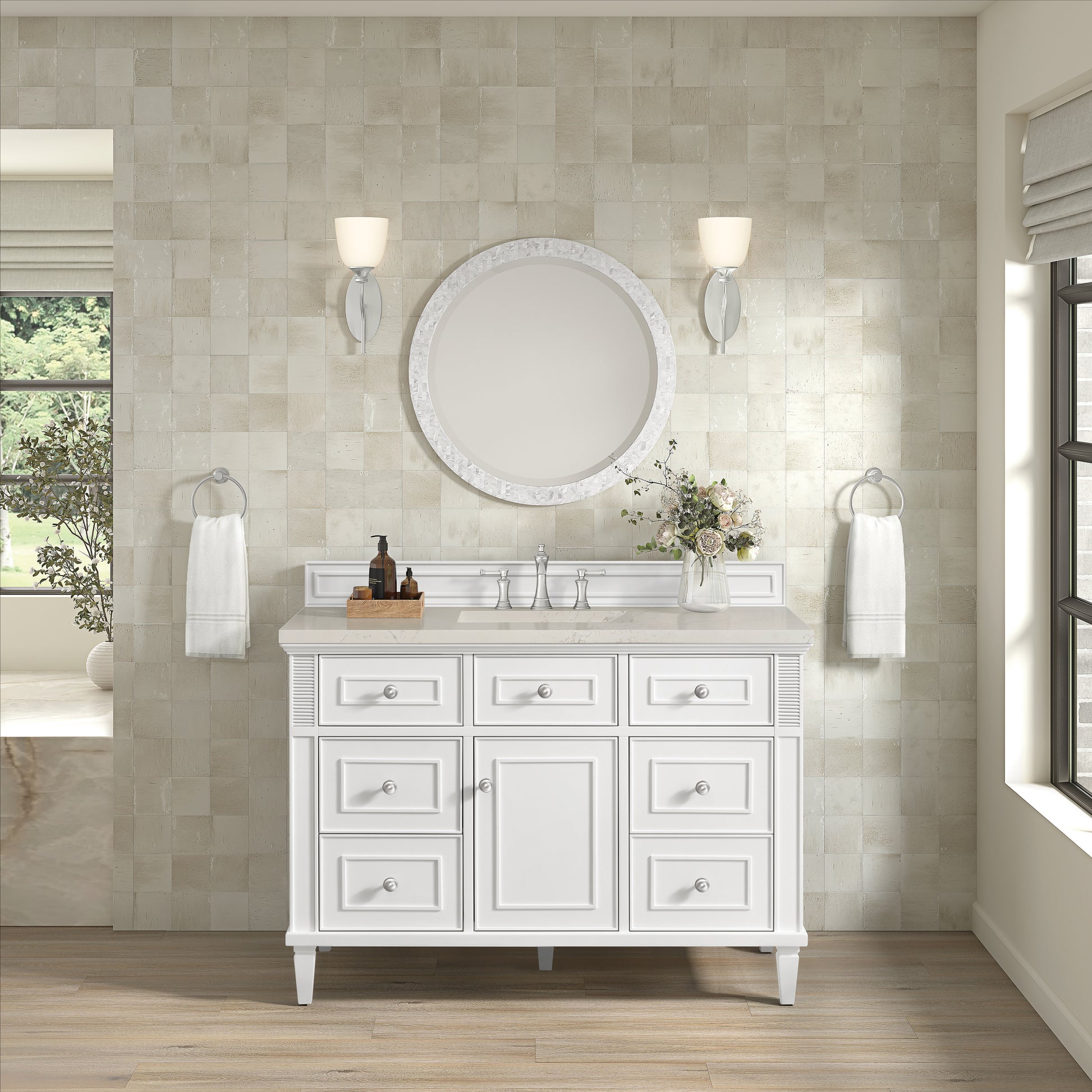 Renovate for Less Atlanta Lorelai 48" Single Vanity, Bright White, w/ 3 CM Siberian Silestone Top w/FreePower Wireless Charger
