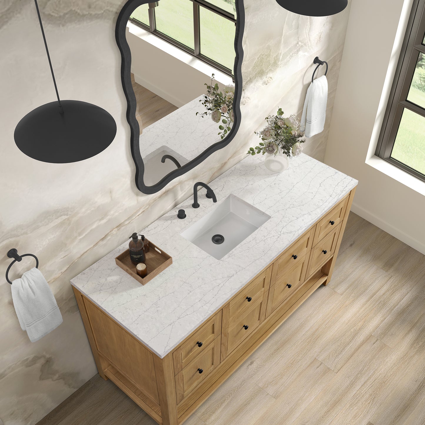 Renovate for Less Atlanta Breckenridge 60" Single Vanity, Light Natural Oak, w/ 3 CM Eternal Jasmine Pearl Quartz Top