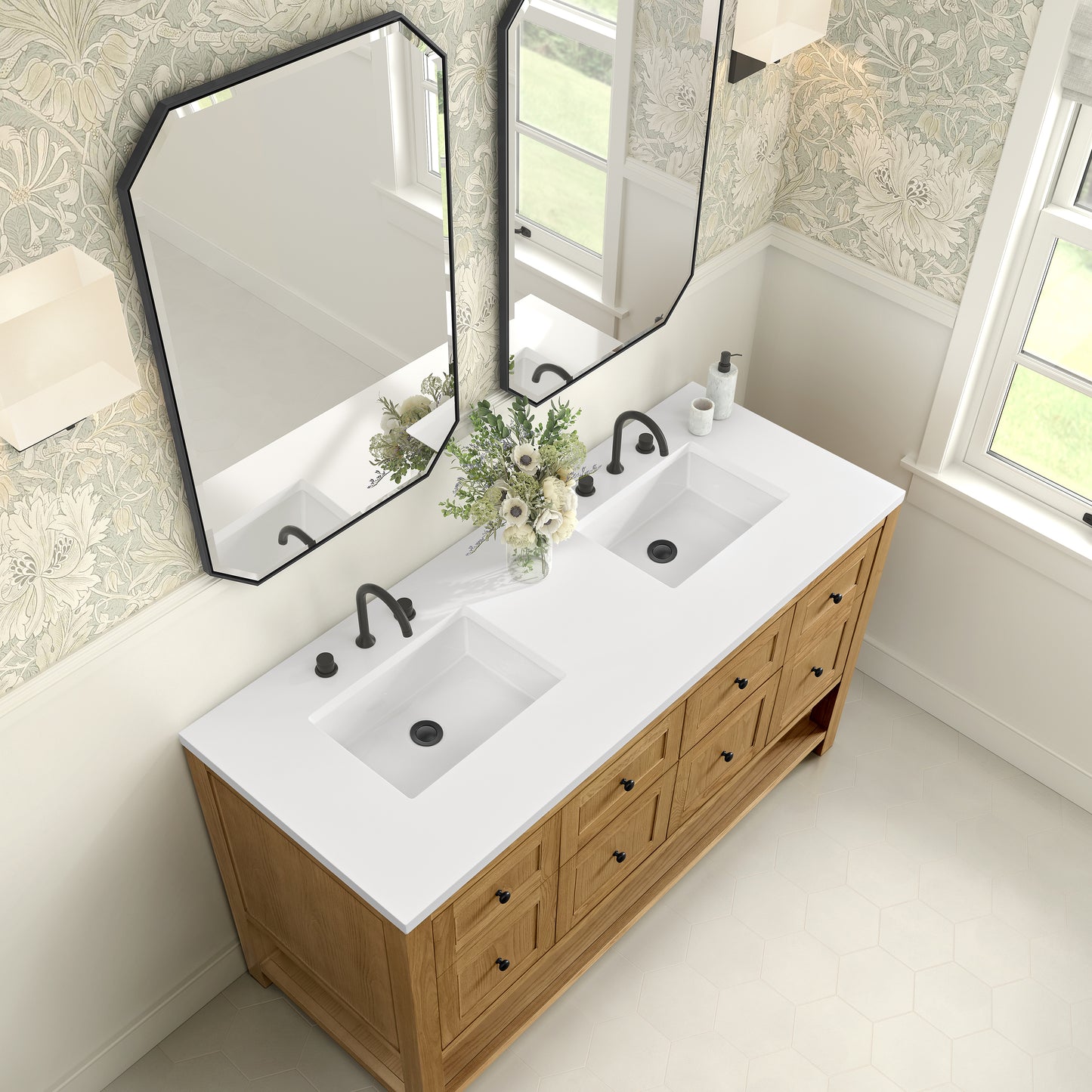 Renovate for Less Atlanta Breckenridge 60" Double Vanity, Light Natural Oak, w/ 3 CM White Zeus Quartz Top