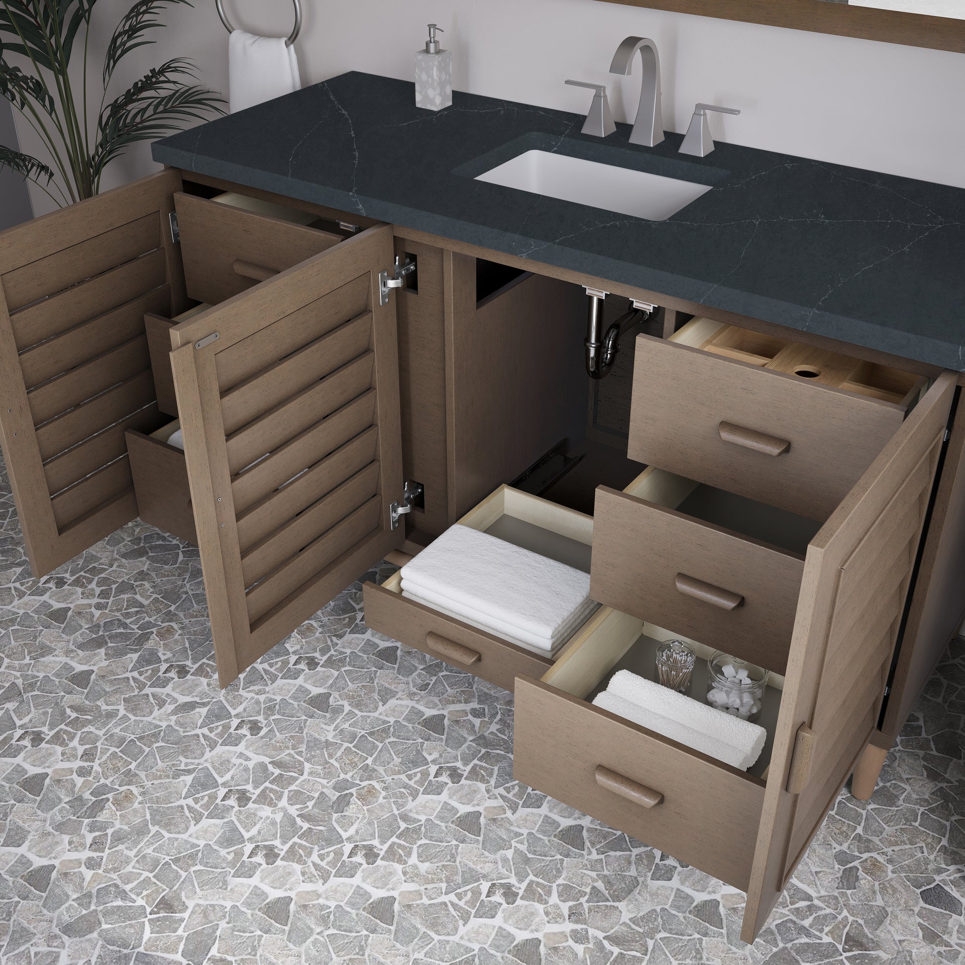 Renovate for Less Atlanta Portland 60" Single Vanity Whitewashed Walnut w/ 3 CM Charcoal Soapstone Silestone Top