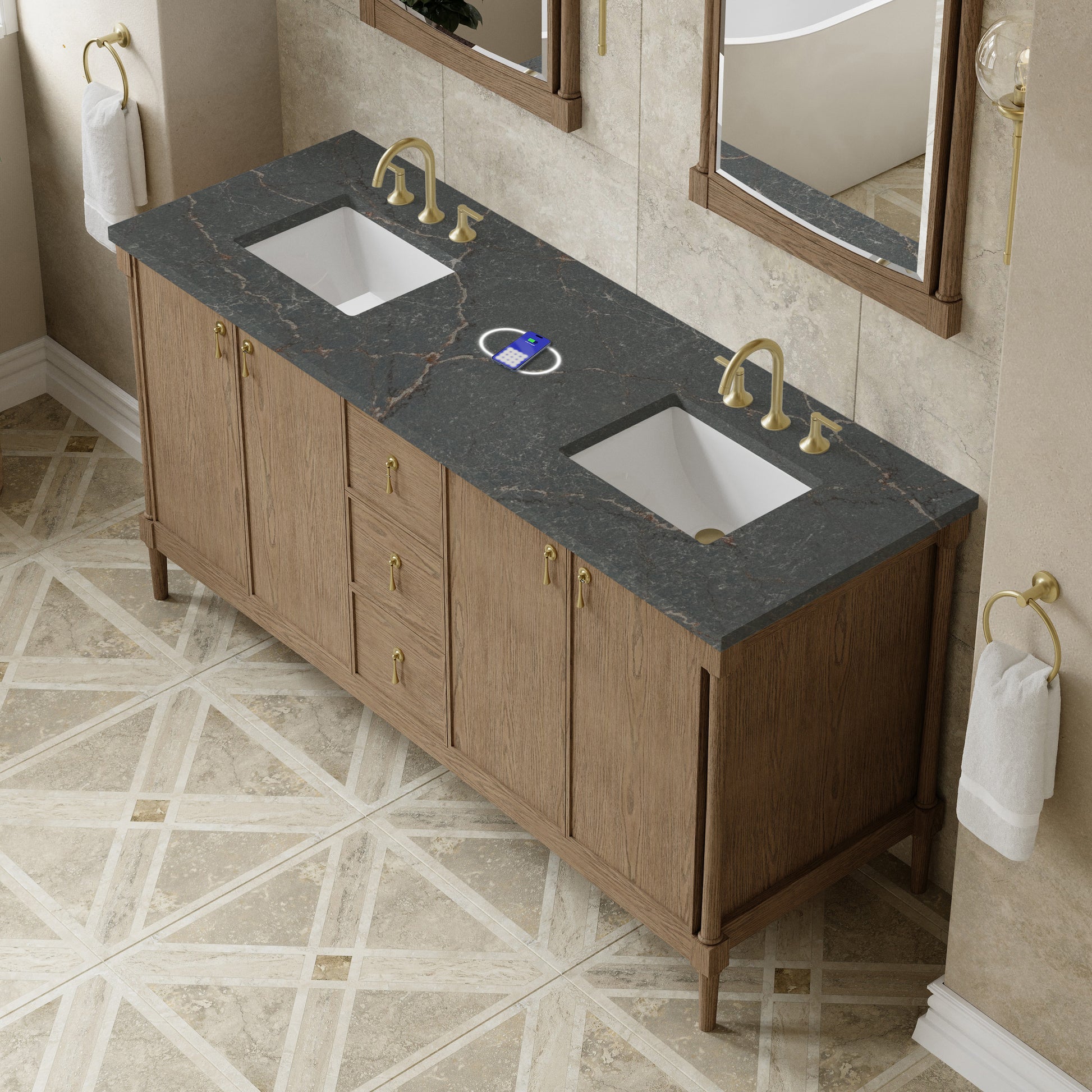 Renovate for Less Atlanta Kinnsden 72" Double Vanity, Weathered Oak w/ 3 CM Parisien Bleu Silestone Top w/FreePower Wireless Charger