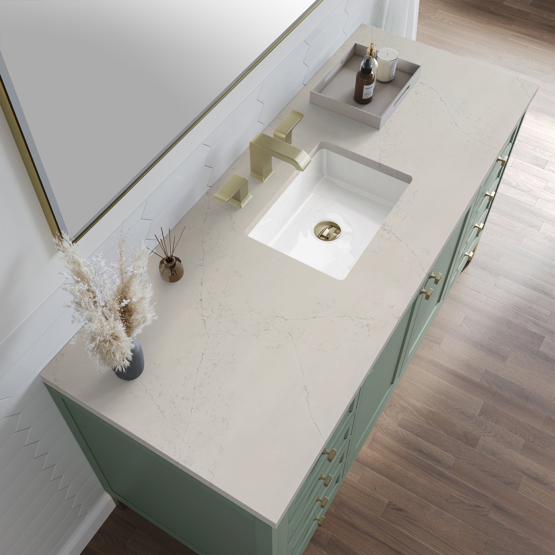 Renovate for Less Atlanta Chicago 60" Single Vanity, Smokey Celadon, w/ 3 CM Siberian Silestone Top