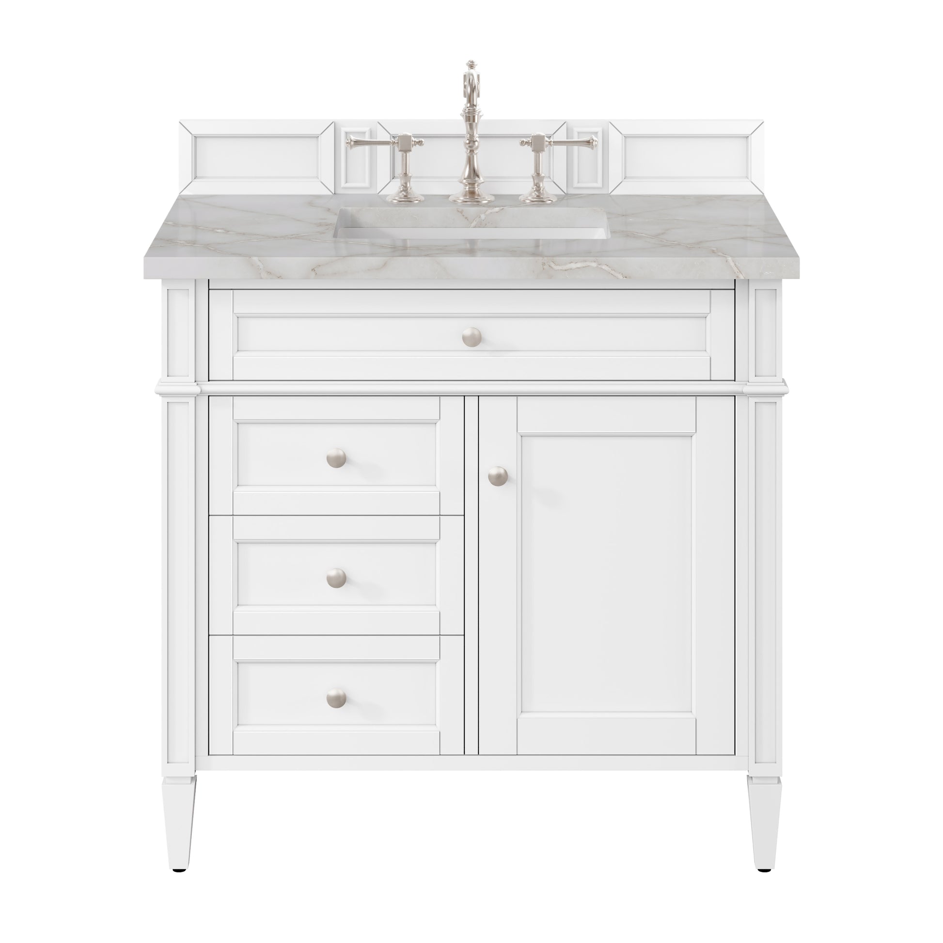 Renovate for Less Atlanta Brittany 36" Single Vanity, Bright White w/ 3 CM Victorian Silver Silestone Top