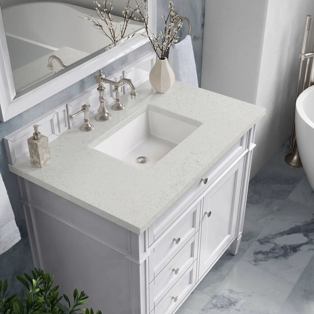 Brittany 36" Single Vanity, Bright White w/ 3 CM Lime Delight Silestone Top