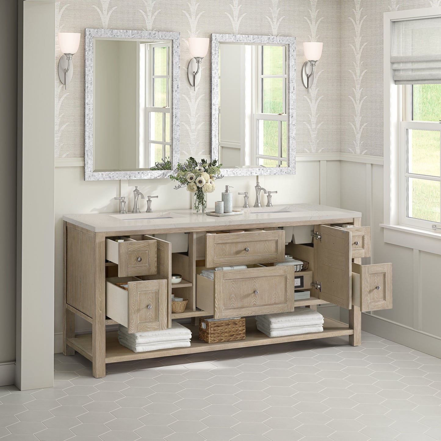 Renovate for Less Atlanta Breckenridge 72" Double Vanity, Whitewashed Oak, w/ 3 CM Siberian Silestone Top w/FreePower Wireless Charger