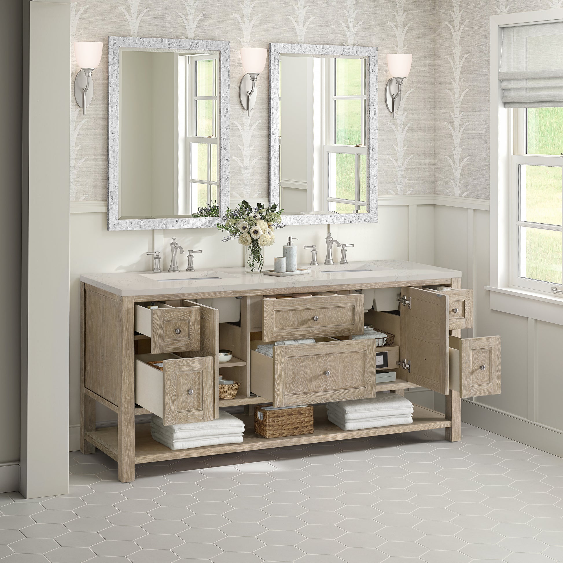 Renovate for Less Atlanta Breckenridge 72" Double Vanity, Whitewashed Oak, w/ 3 CM Siberian Silestone Top w/FreePower Wireless Charger