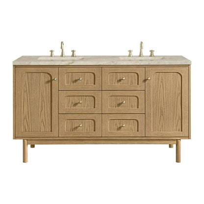 Laurent 60" Double Vanity, Light Natural Oak, w/ 3 CM Tajnar Eclos Top