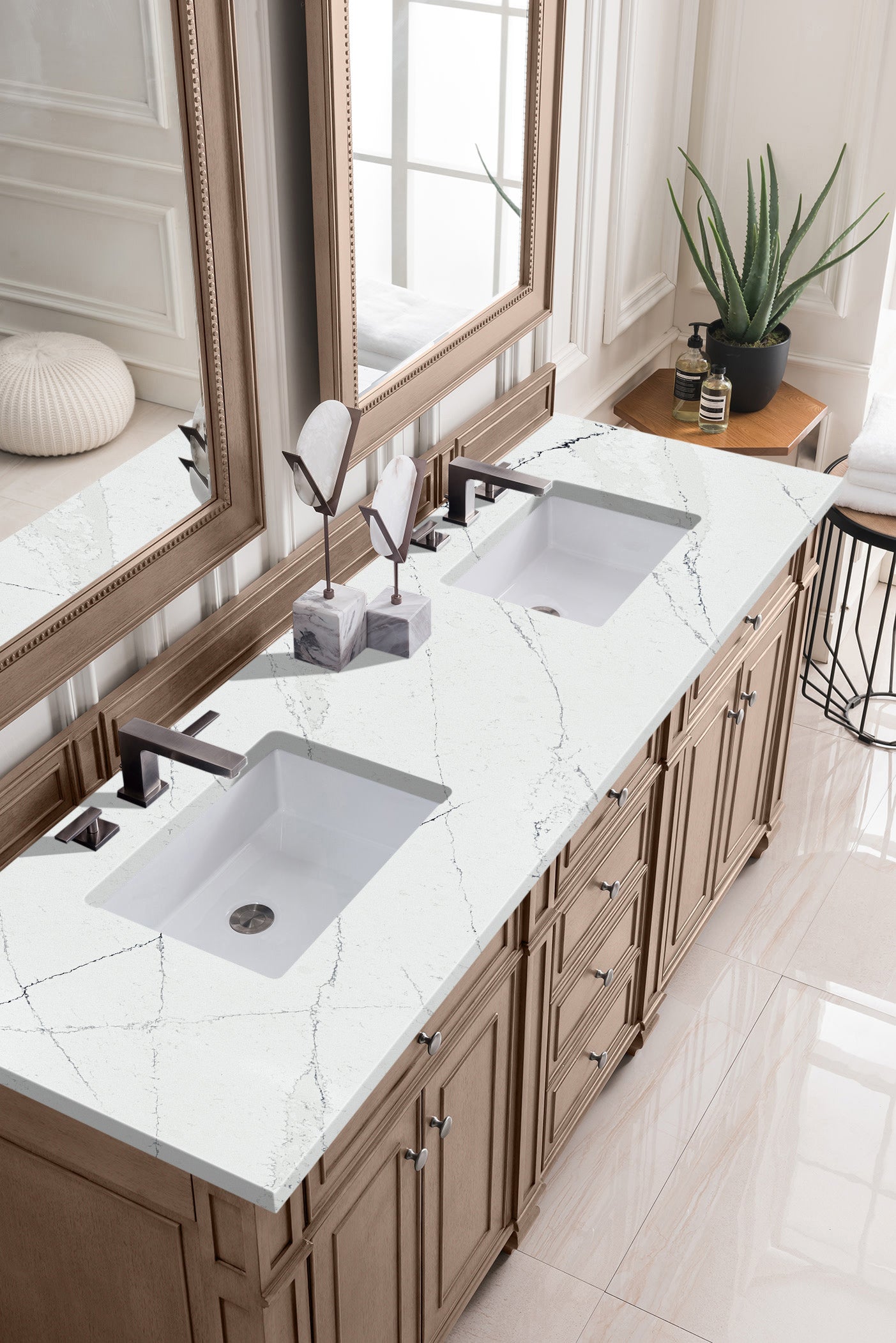 Renovate for Less Atlanta Bristol 72" Double Vanity, Whitewashed Walnut w/ 3 CM Ethereal Noctis Silestone Top w/FreePower Wireless Charger