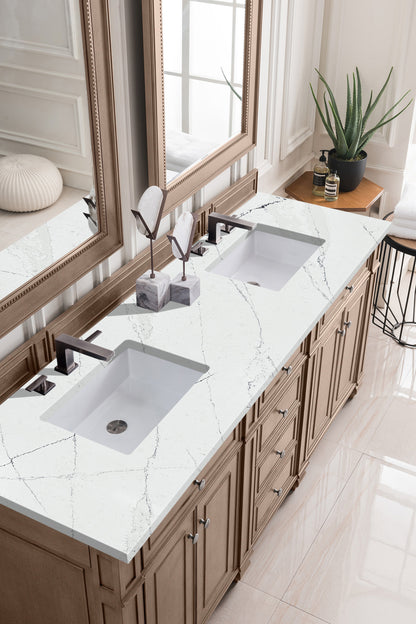 Renovate for Less Atlanta Bristol 72" Double Vanity, Whitewashed Walnut w/ 3 CM Ethereal Noctis Silestone Top w/FreePower Wireless Charger
