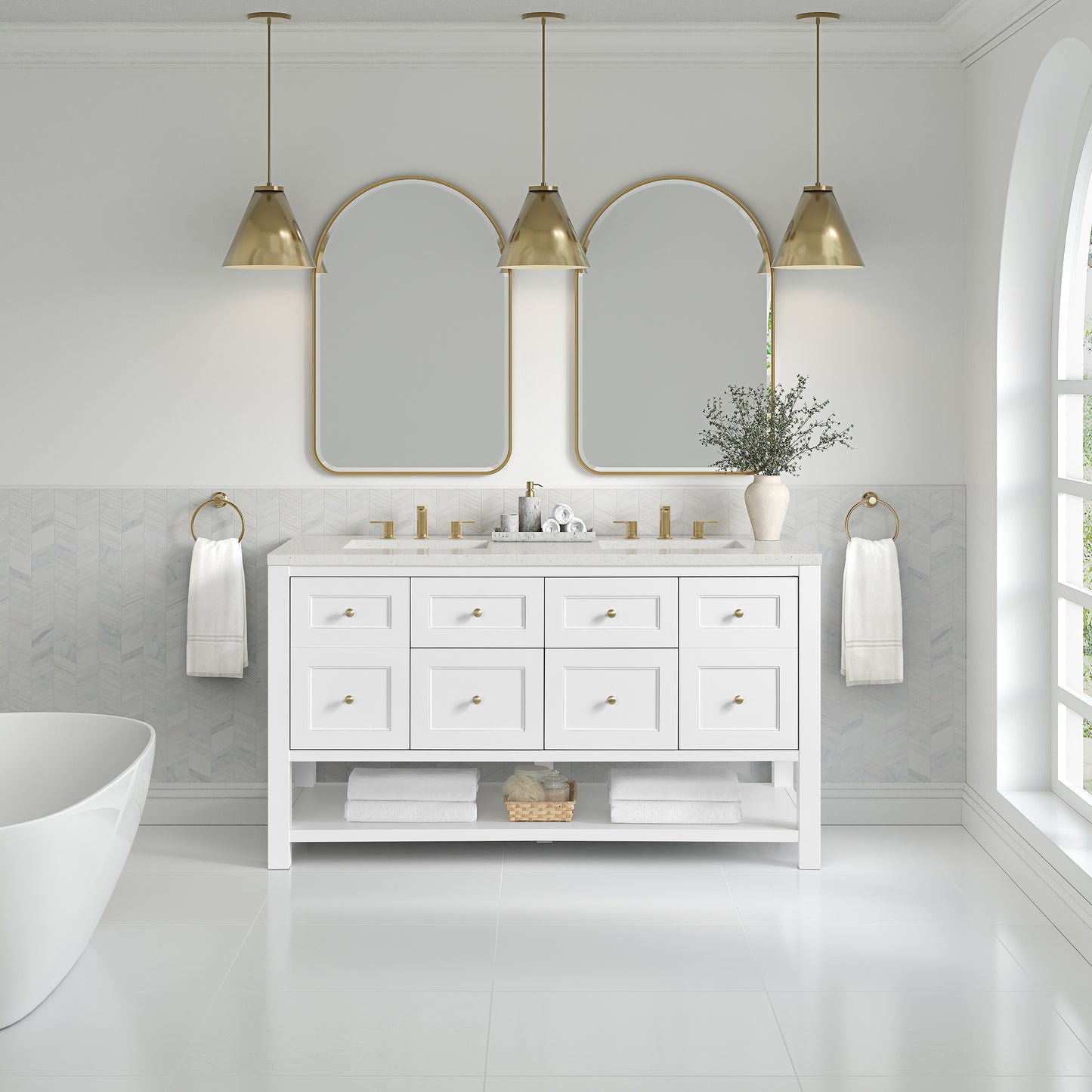 Renovate for Less Atlanta Breckenridge 60" Double Vanity, Bright White, w/ 3 CM Lime Delight Quartz Top