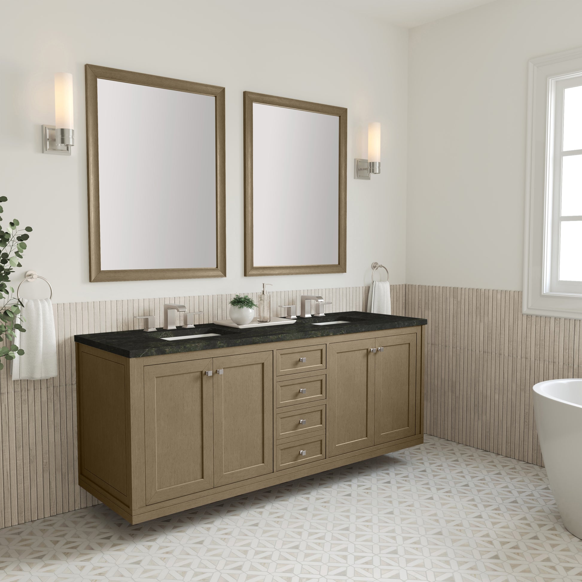 Renovate for Less Atlanta Chicago 72" Double Vanity, Walnut Whisper, w/ 3 CM Phantome Eclos Top