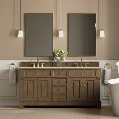 Renovate for Less Atlanta Brookfield 72" Double Vanity, Pecan, w/ 3 CM Tajnar Eclos Top w/FreePower Wireless Charger