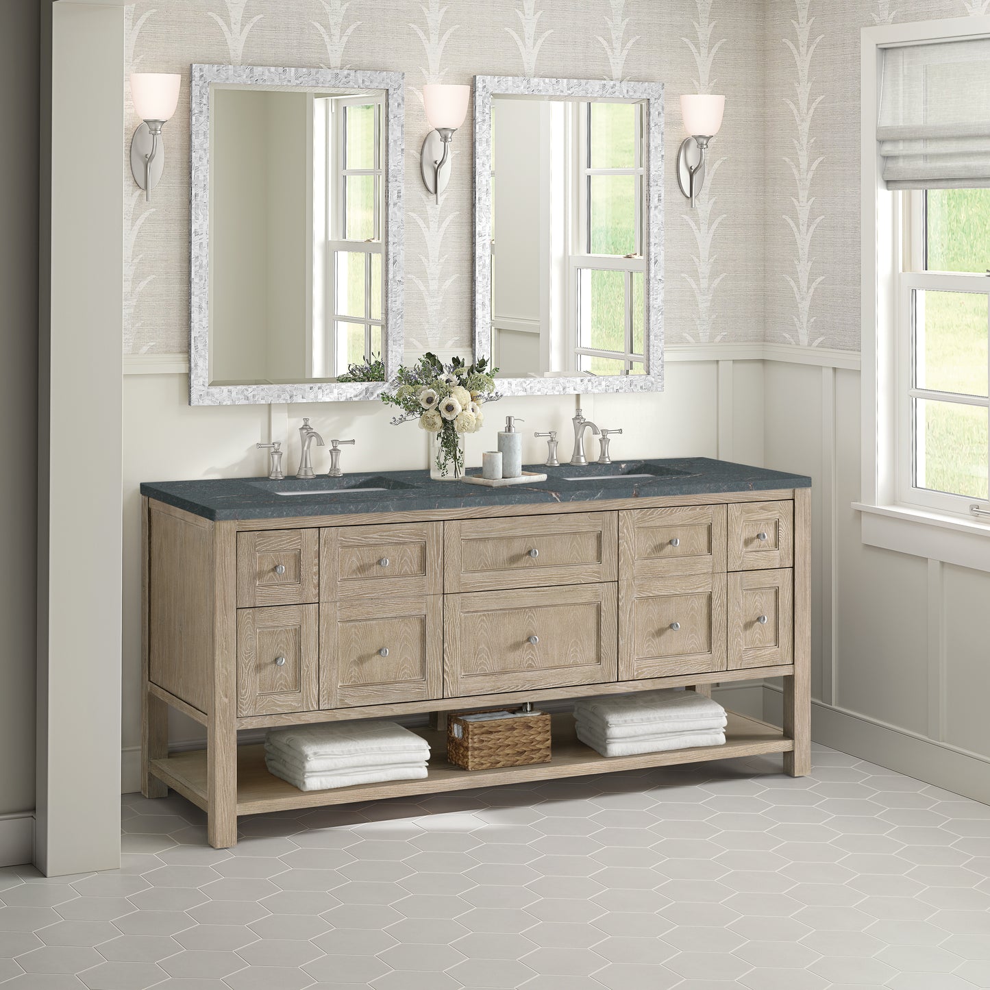 Renovate for Less Atlanta Breckenridge 72" Double Vanity, Whitewashed Oak w/ 3 CM Parisien Bleu Silestone Top