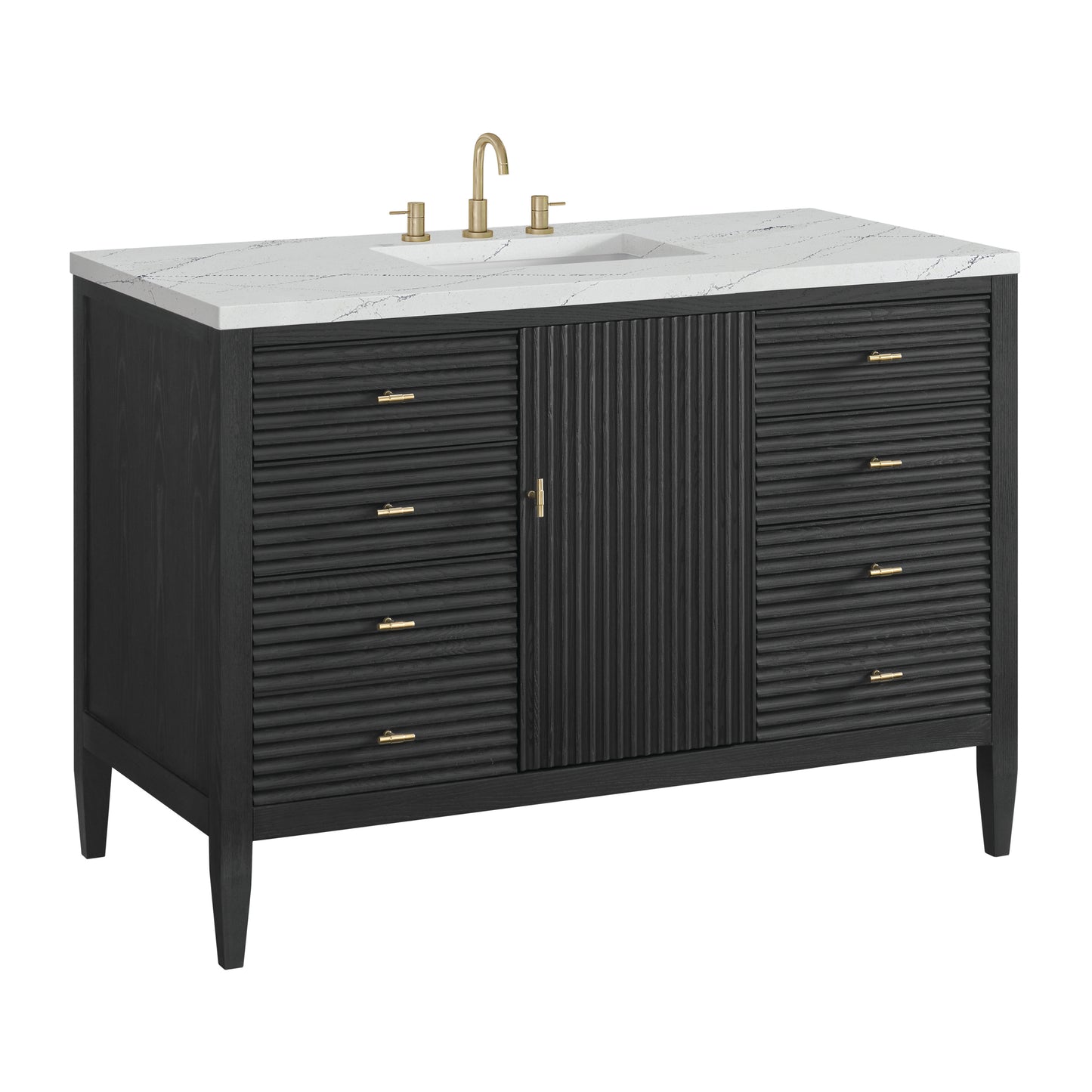 Renovate for Less Atlanta Myrrin 48" Single Vanity, Carbon Oak w/ 3 CM Ethereal Noctis Silestone Top w/FreePower Wireless Charger