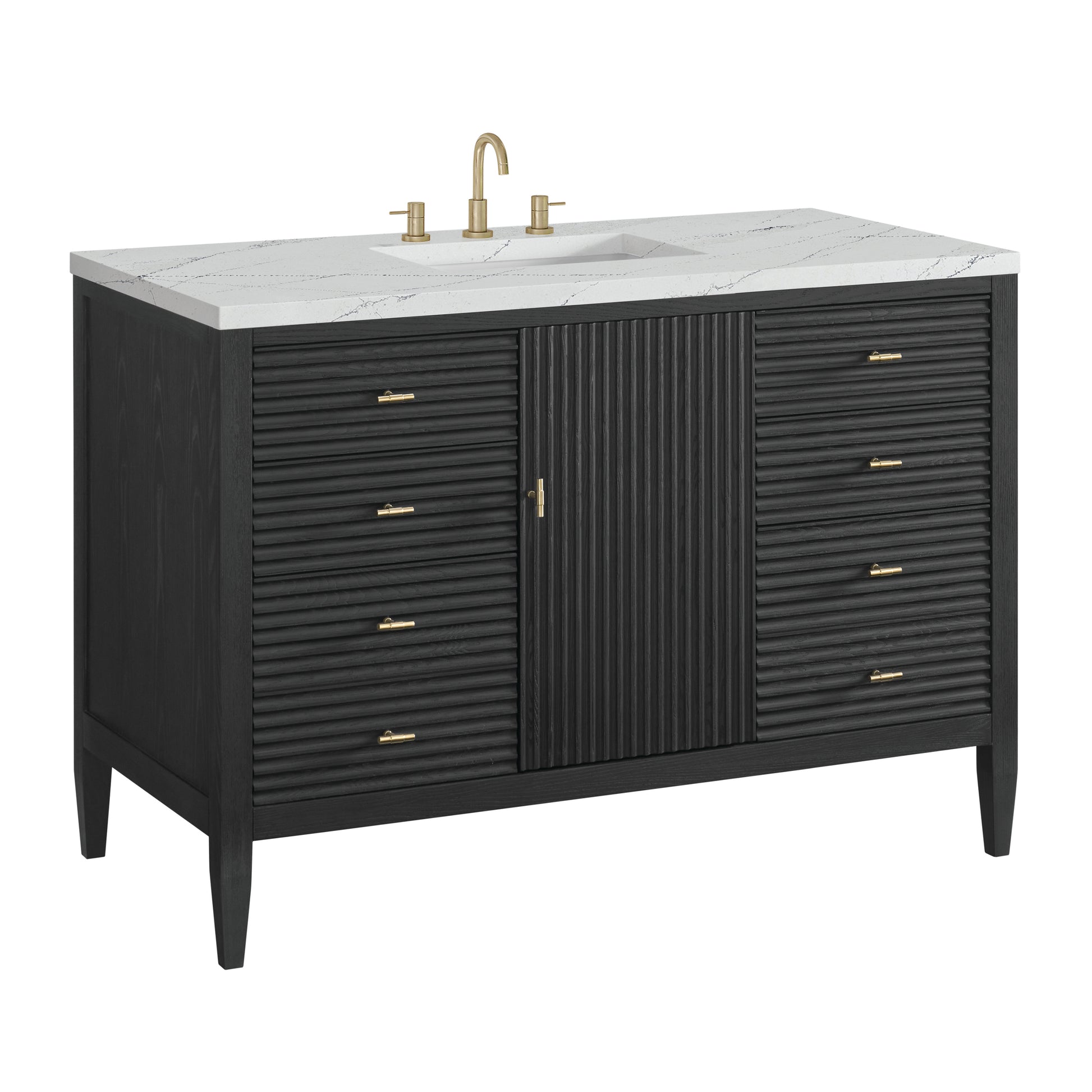 Renovate for Less Atlanta Myrrin 48" Single Vanity, Carbon Oak w/ 3 CM Ethereal Noctis Silestone Top w/FreePower Wireless Charger