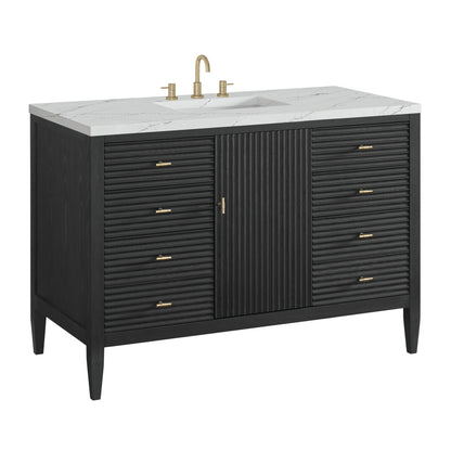 Renovate for Less Atlanta Myrrin 48" Single Vanity, Carbon Oak w/ 3 CM Ethereal Noctis Silestone Top w/FreePower Wireless Charger