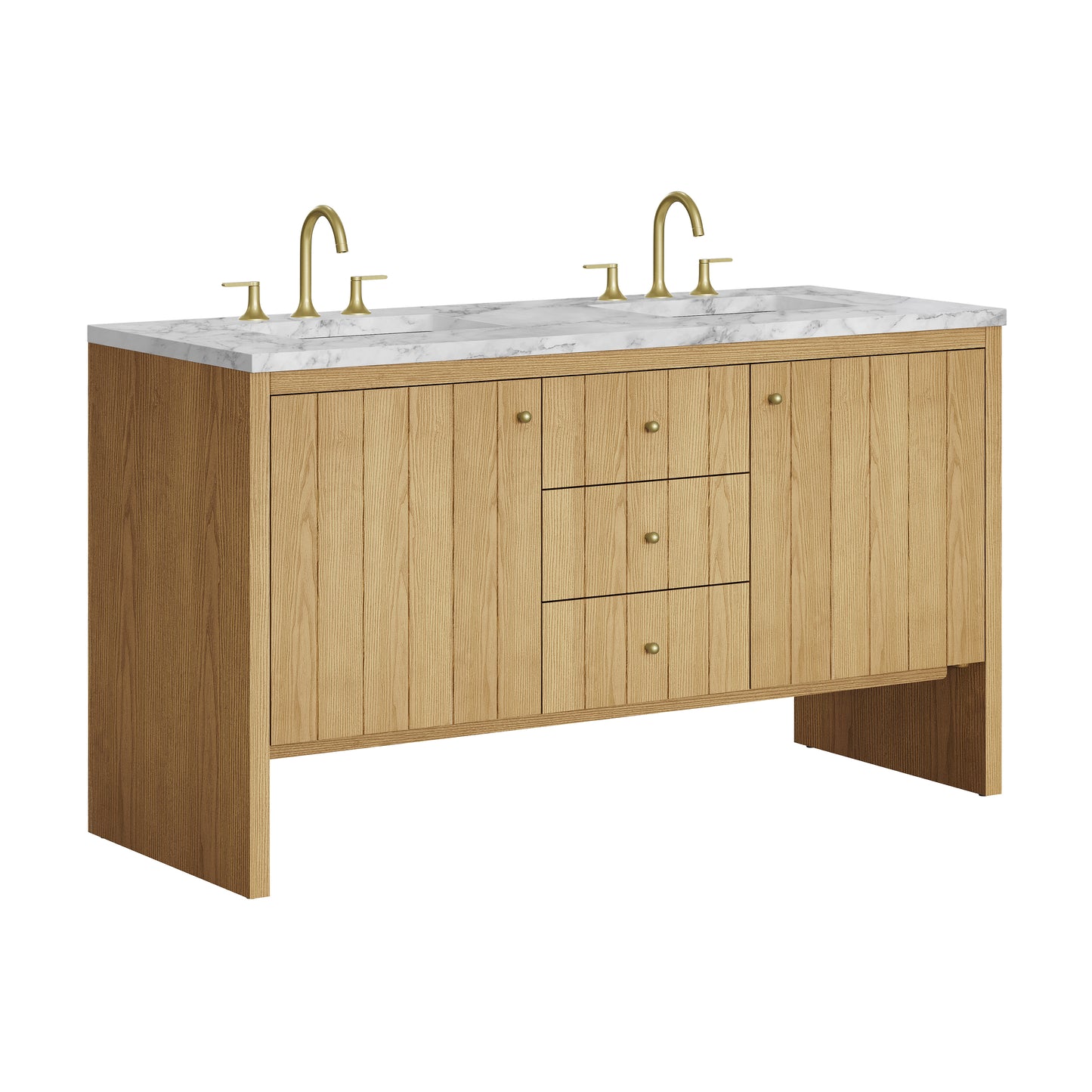 Renovate for Less Atlanta Hudson 60" Double Vanity, Light Natural Oak w/ 3 CM Carrara Marble Top