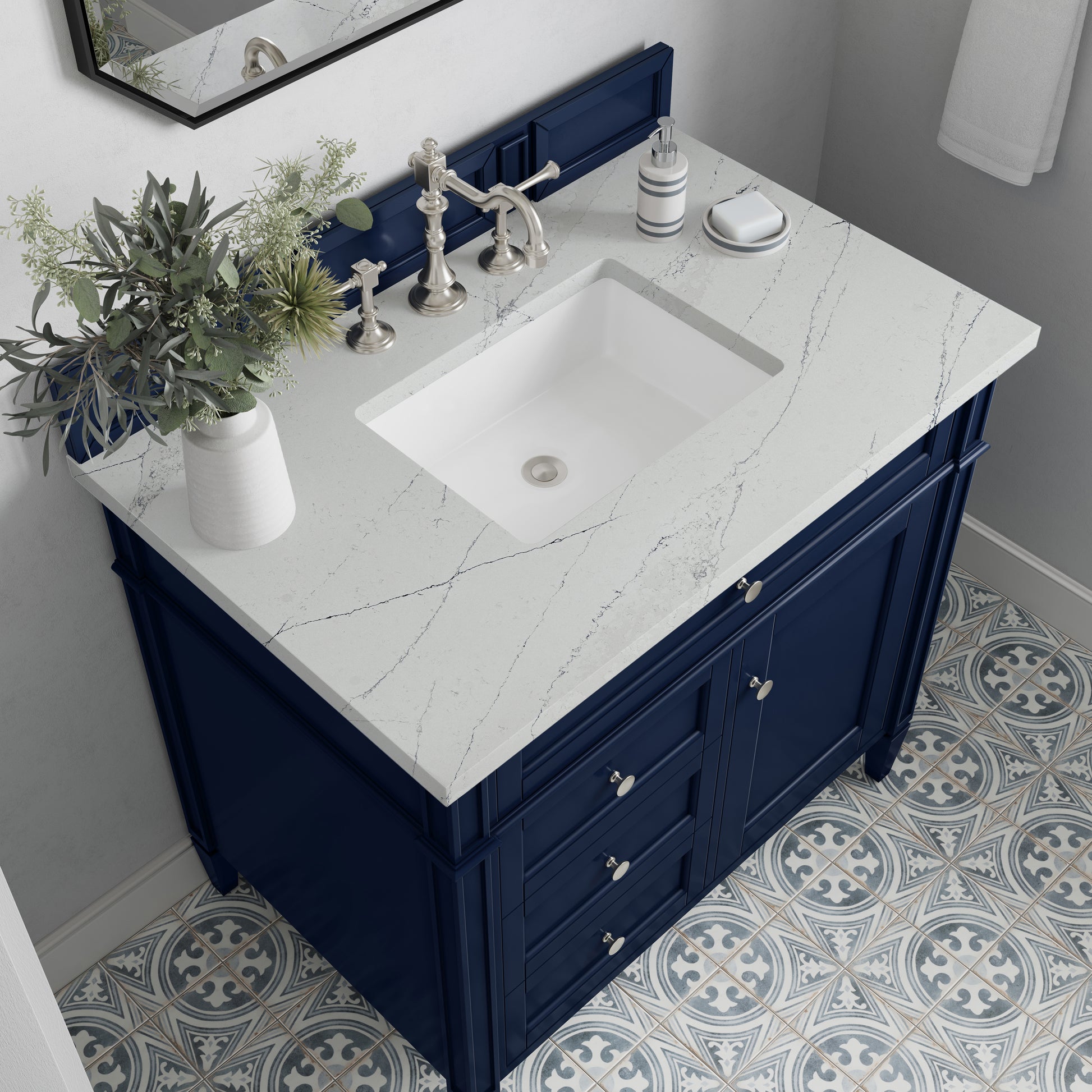 Renovate for Less Atlanta Brittany 36" Single Vanity, Victory Blue w/ 3 CM Ethereal Noctis Silestone Top