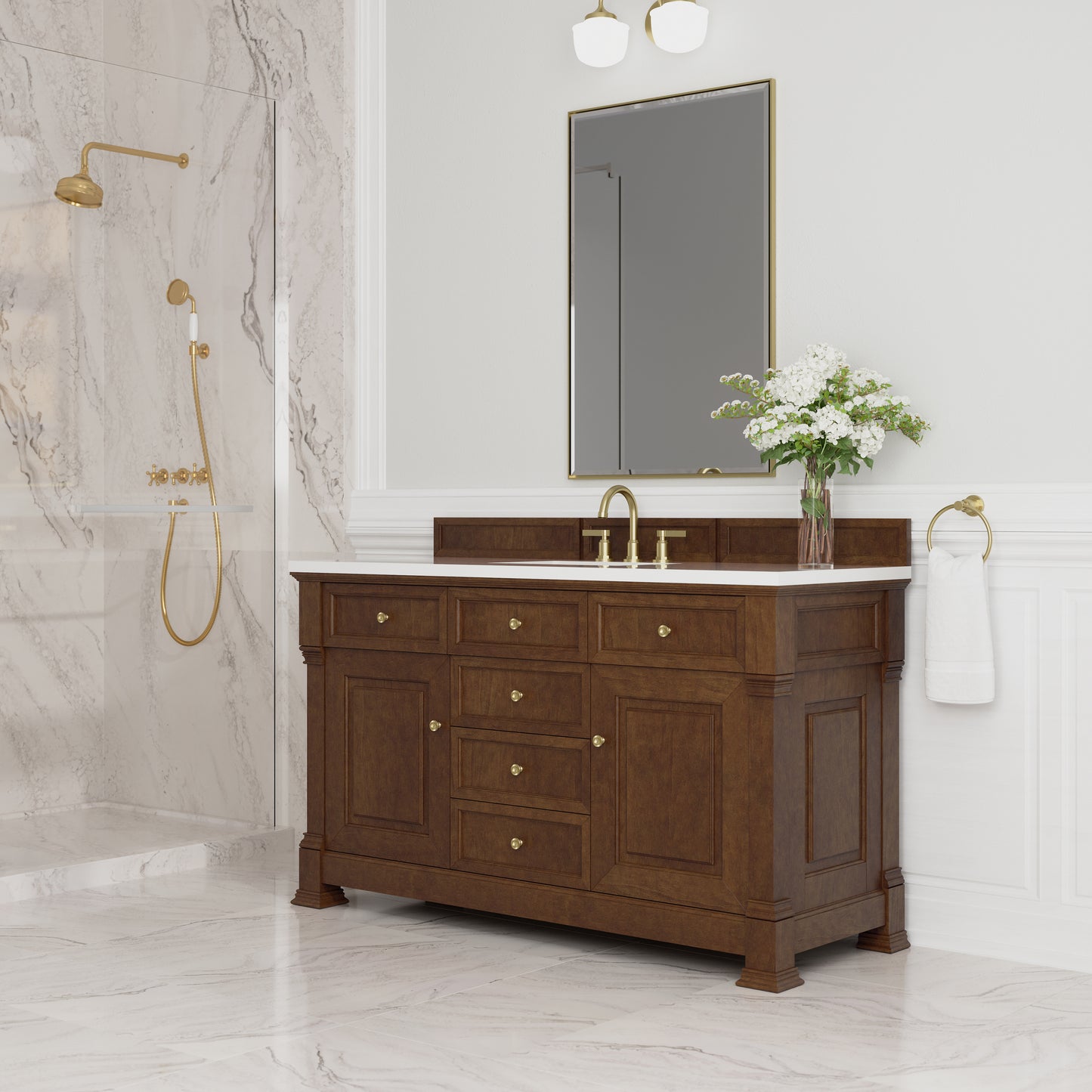 Renovate for Less Atlanta Brookfield 60" Single Vanity, Honey Oak,  w/ 3 CM White Zeus Silestone Top