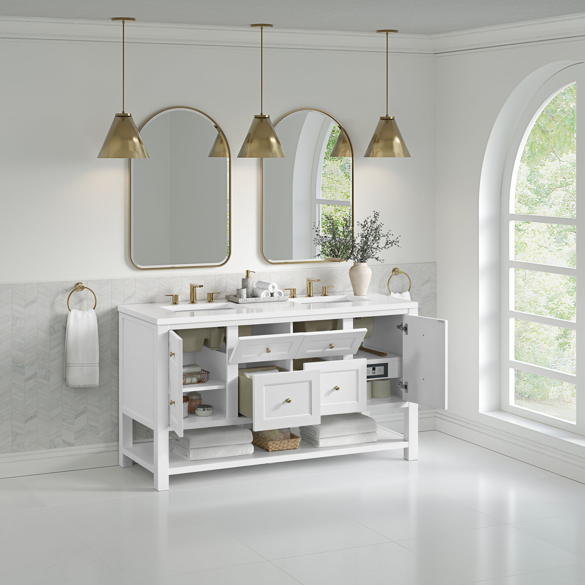 Renovate for Less Atlanta Breckenridge 60" Double Vanity, Bright White, w/ 3 CM White Zeus Quartz Top