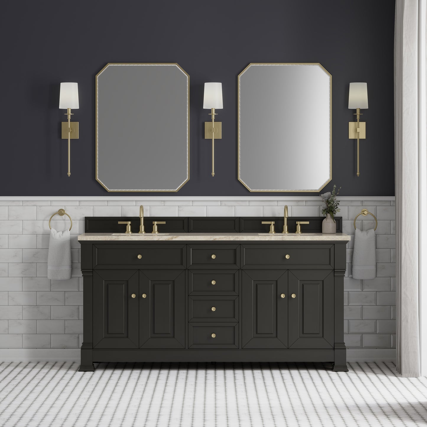 Renovate for Less Atlanta Brookfield 72" Double Vanity, Black Onyx, w/ 3 CM Tajnar Eclos Top w/FreePower Wireless Charger