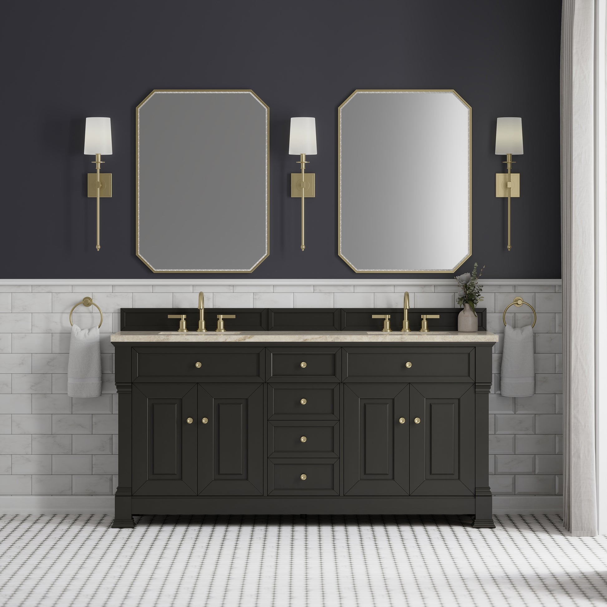 Renovate for Less Atlanta Brookfield 72" Double Vanity, Black Onyx, w/ 3 CM Tajnar Eclos Top w/FreePower Wireless Charger