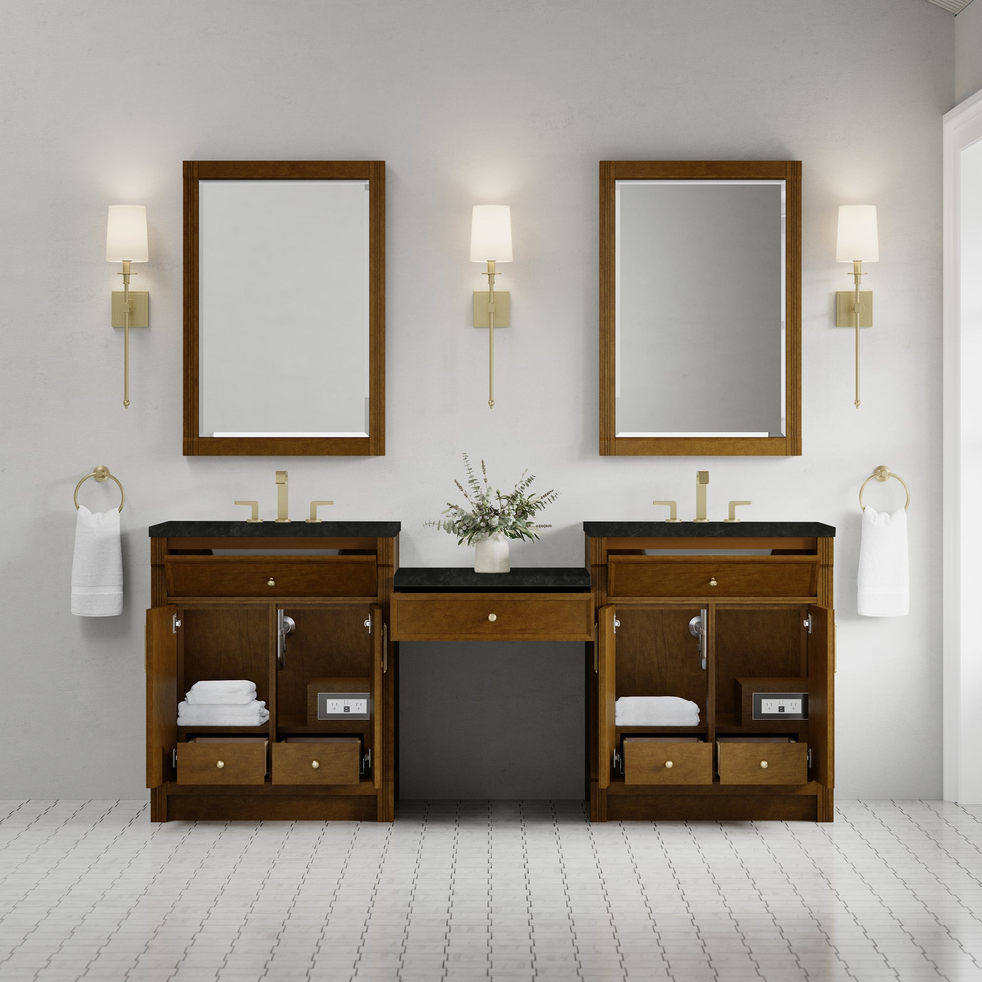Renovate for Less Atlanta Bellshire 84" Dual Vanity Set with 24" Make-Up Counter, Honey Oak w/3 cm Phantome Eclos Top