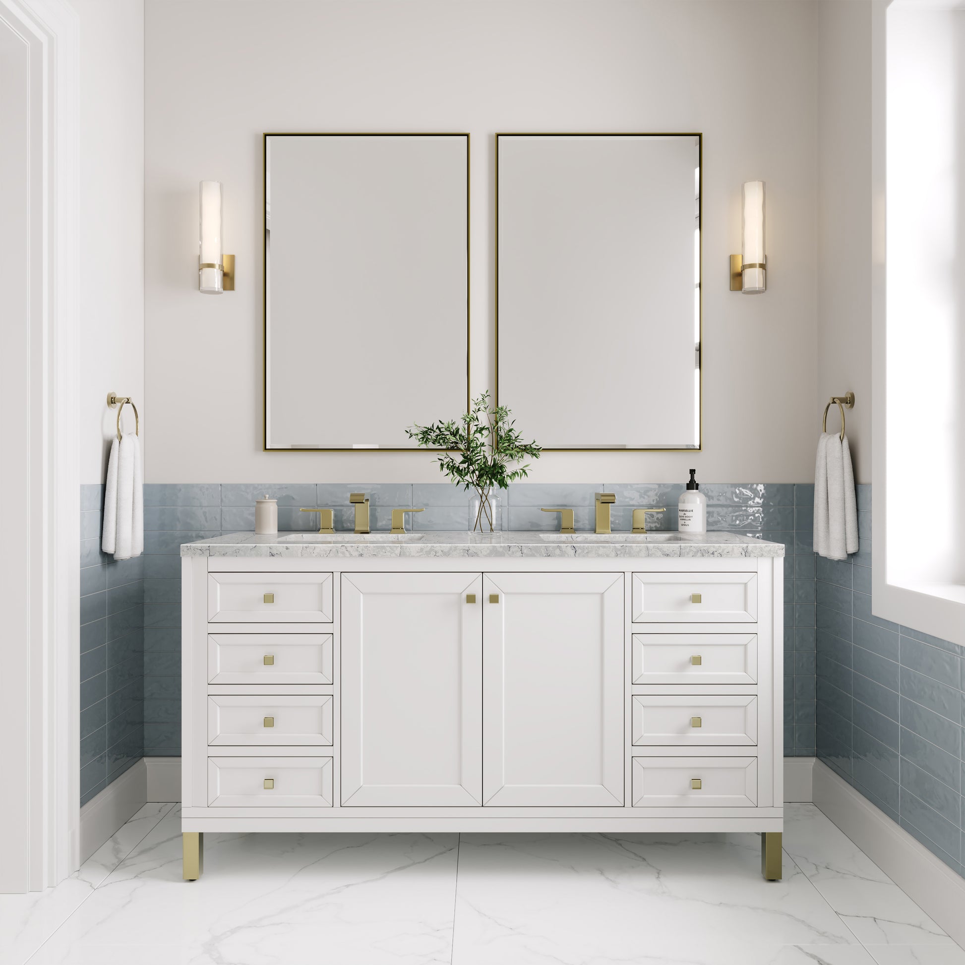 Renovate for Less Atlanta Chicago 60" Double Vanity, Glossy White, w/ 3 CM Eternal Jasmine Pearl Silestone® Top w/FreePower Wireless Charger