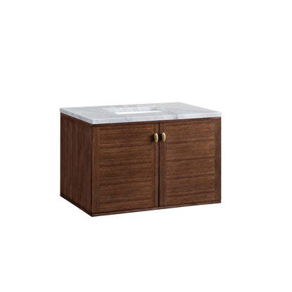 Renovate for Less Atlanta Amberly 36" Single Vanity, Mid-Century Walnut w/ 3 CM Carrara Marble Top