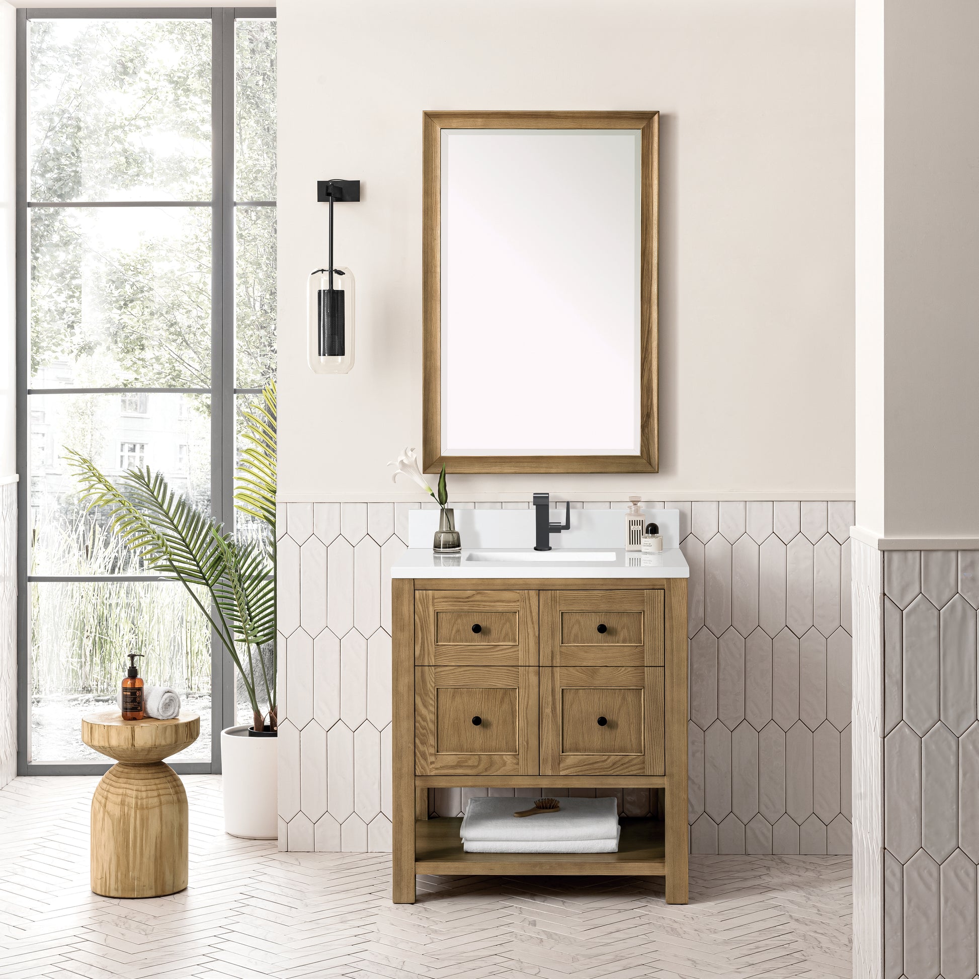Renovate for Less Atlanta Breckenridge 30" Single Vanity, Light Natural Oak w/ Single Hole 3 CM White Zeus Top & Backsplash